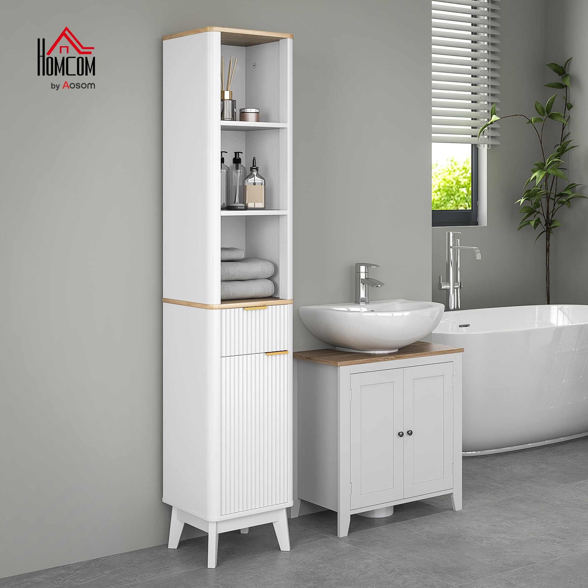 Columna De Baño Estrecha HOMCOM 33x30x170 Cm | Con Cajón Y Estantes Ajustables | Madera Natural