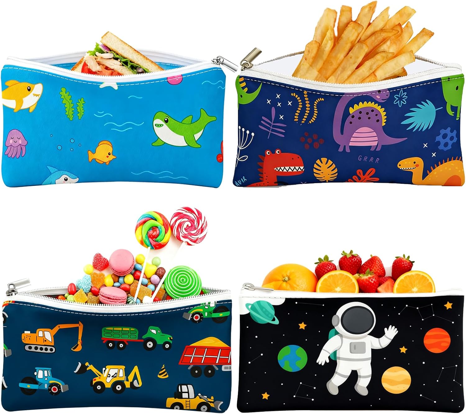 4 Pack Reusable Snack Bags Food Safety Zipper Lunch Bags Portable Double Layer Food Pouch for Travel Small Sandwich Bags 7X3.7 Inches (Cute)