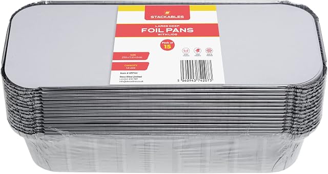 STACKABLES ~ Pack of 15 Large Rectangular Foil Trays 27 x 11.5 x 4.5cm ~ Large 1.5 Litre Loaf Aluminium Foil Pans with Lids for Baking Cooking Storing & Freezing