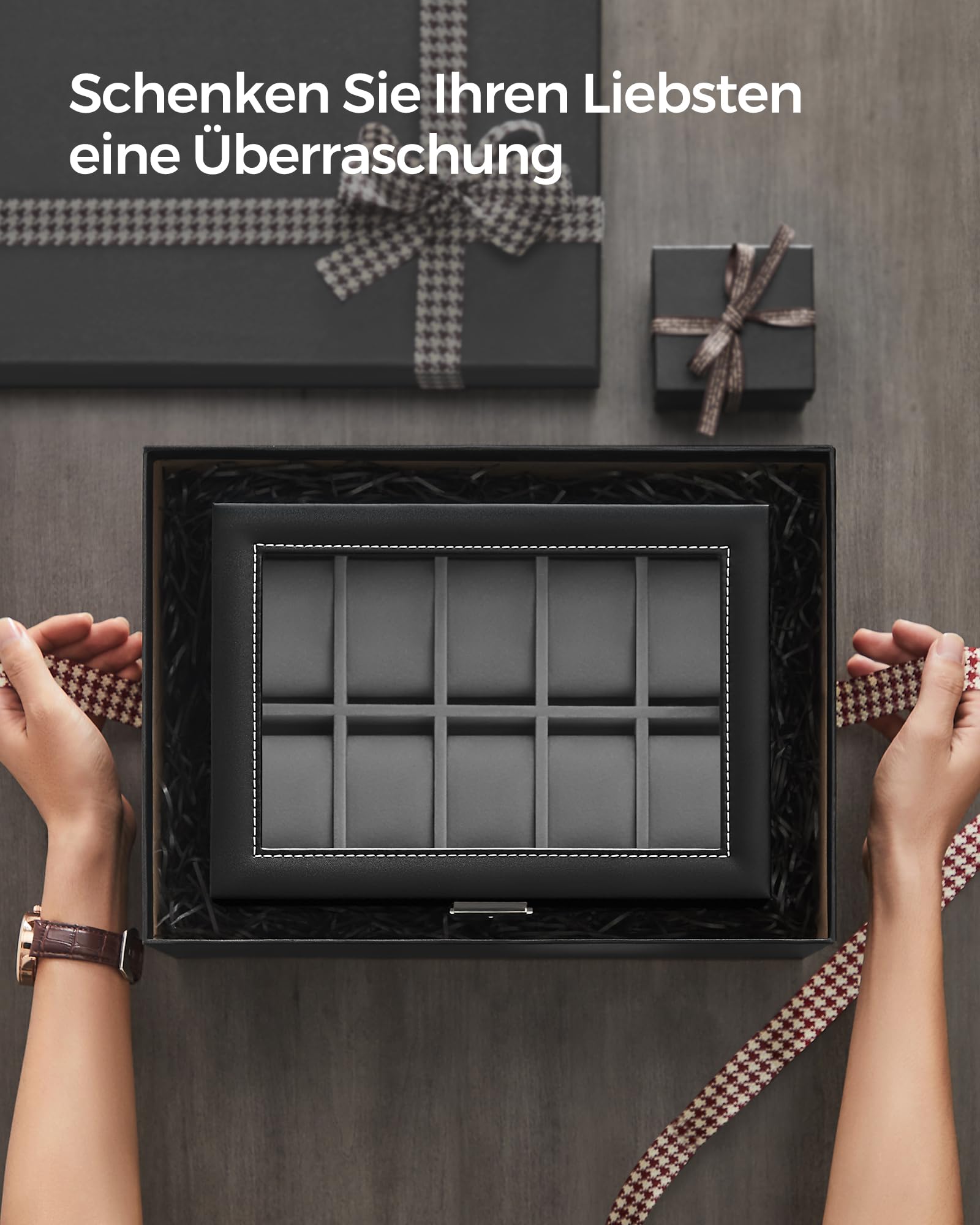 SONGMICS Uhrenbox, Uhrenkasten mit Glasdeckel, 2 Ebenen, Uhrenkoffer mit herausnehmbaren Uhrenkissen, Uhrenschatulle, Geschenkidee, PU-Bezug in Schwarz, Samtfutter in Grau JWB020