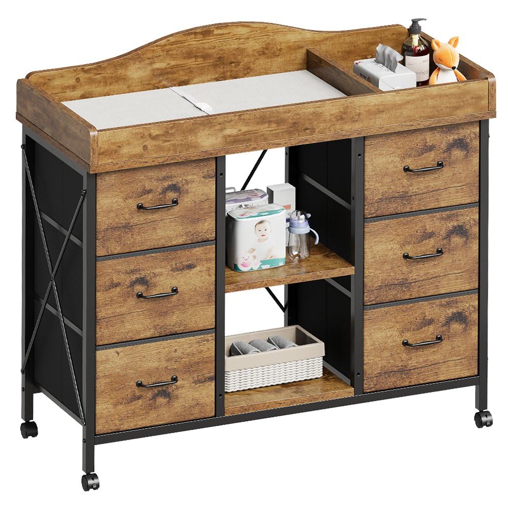 Cambiador, cómoda de bebé de 6 cajones con cambiador, estación y almohadilla para cambiar pañales impermeable, 2 estantes de almacenamiento abiertos