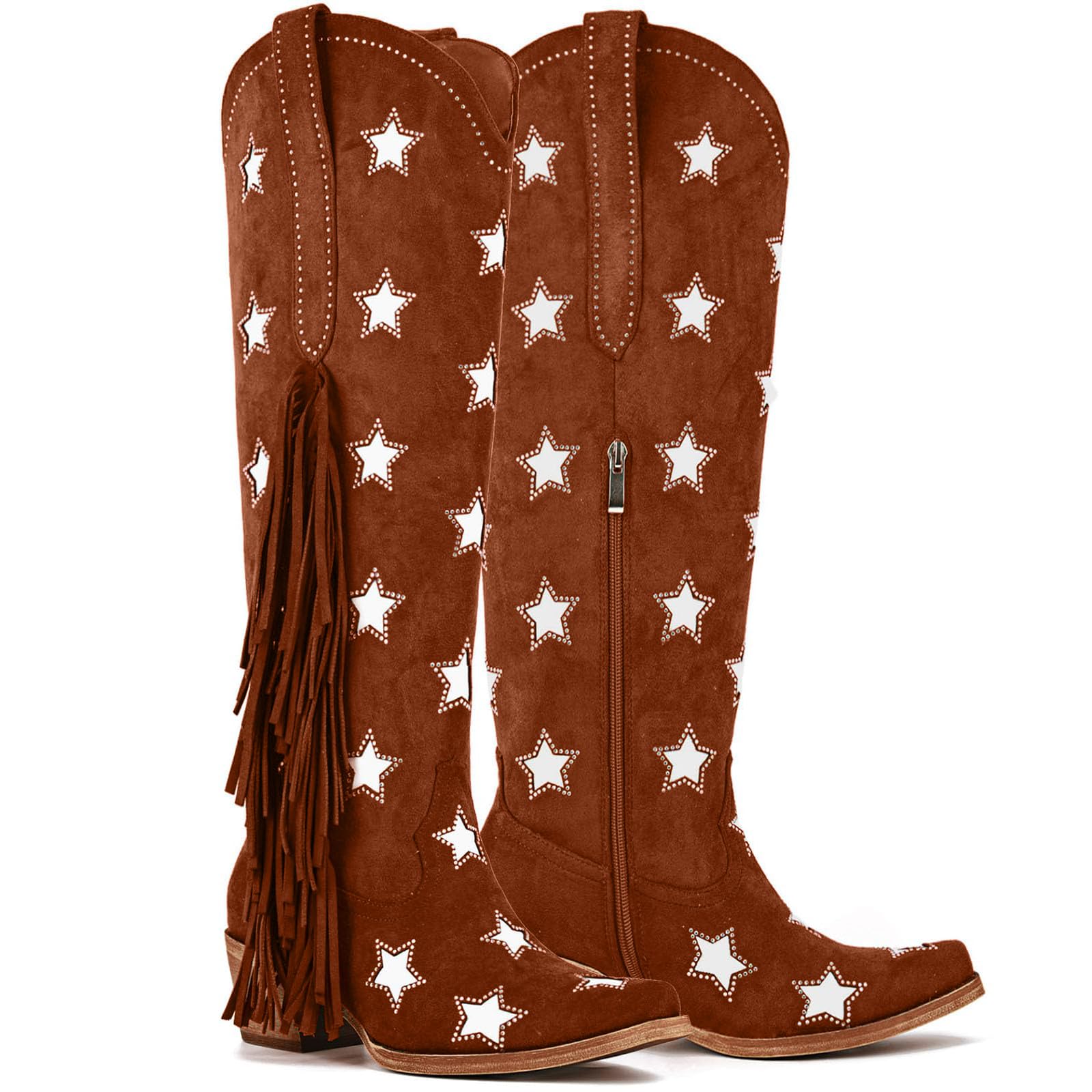 Yolkomo Womens Knee High Cowboy Boots with Fringe Western Cowgirl Boots with Rhinestones Stars