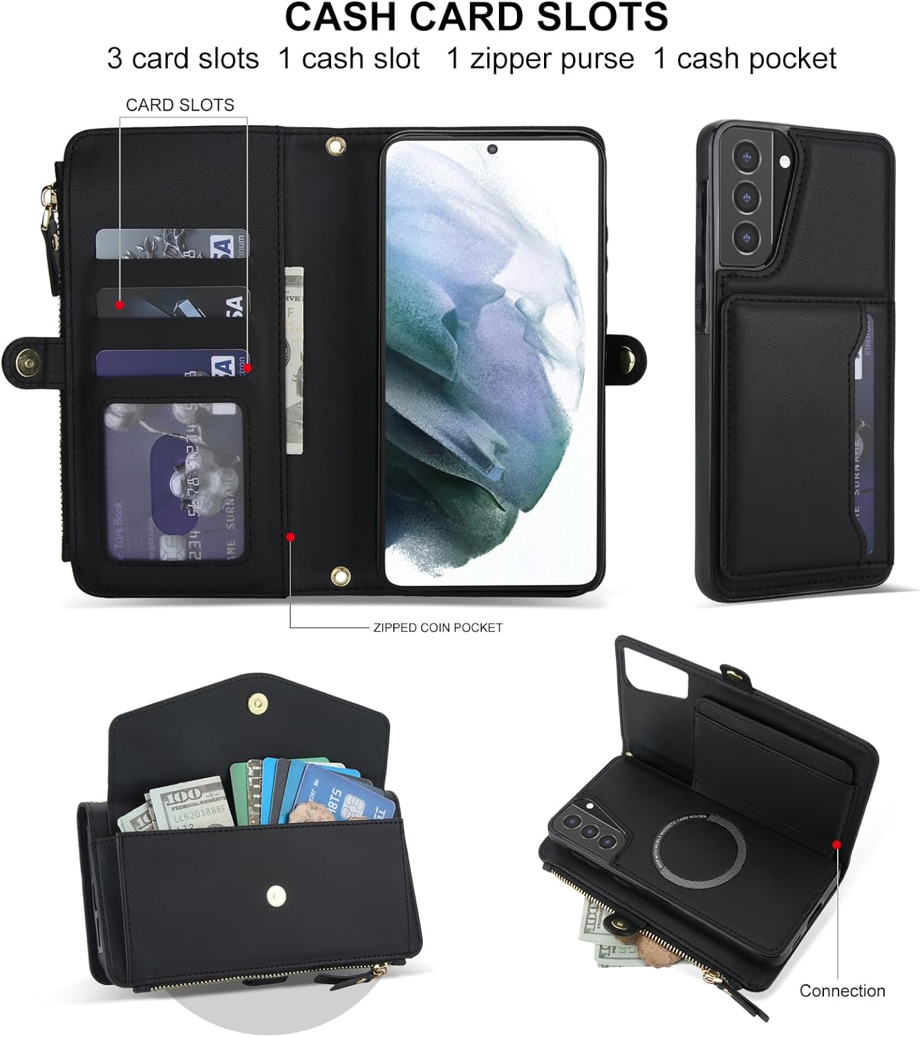 Asuwish Phone Case for Samsung Galaxy S21 5G 6.2 inch Wallet Cover Compatible with Magsafe RFID Screen Protector Crossbody Lanyard Strap Flip Card Holder Slot Zipper Cell Purse S 21 21S G5 Black