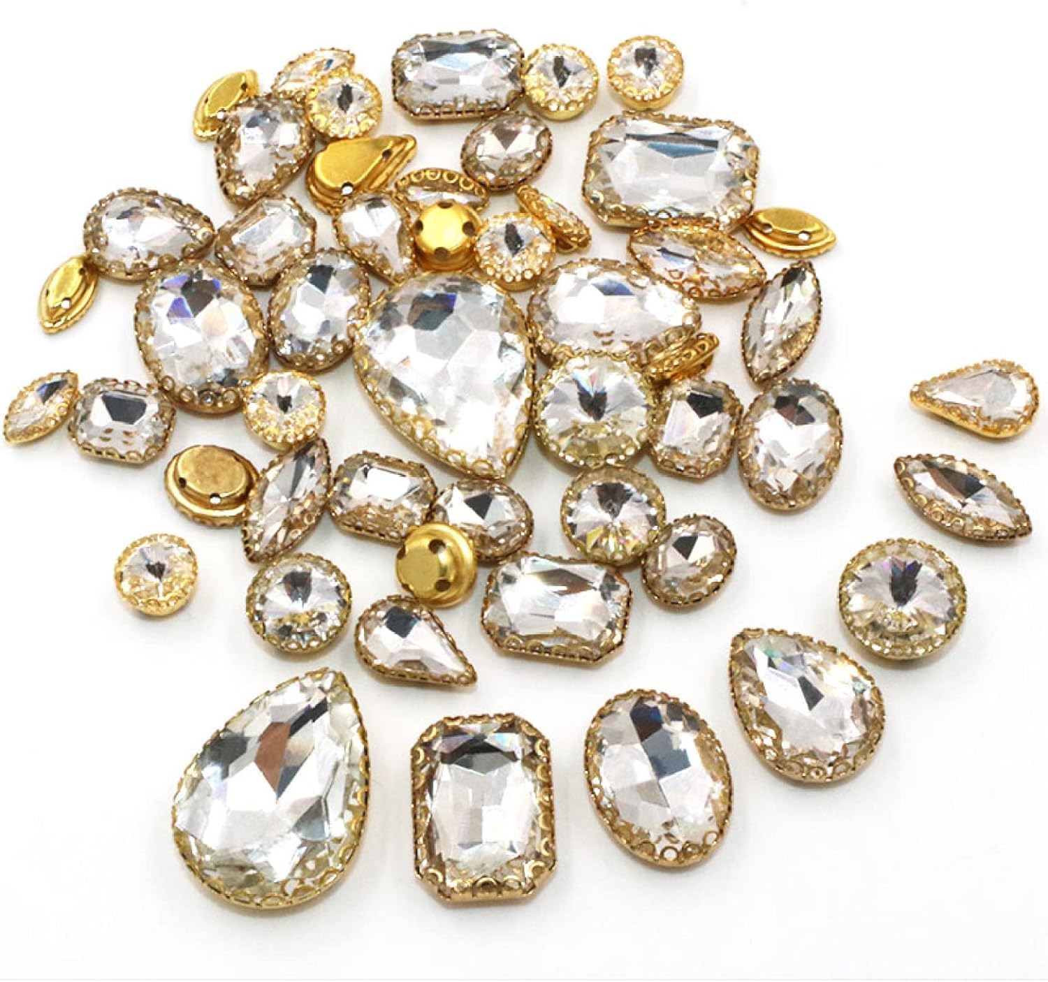Piedras de cristal para coser con encaje dorado en formas variadas, bolsa de 50 piezas