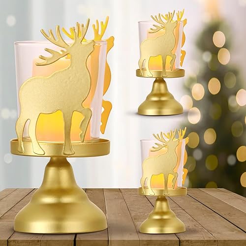 Miniatura 2 de Portavelas de Navidad, decoración de mesa rústica pequeña con elegante diseño de reno dorado, juego de 3 portavelas de pilar mental, centros de mesa