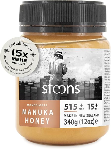 Steens Manuka Honey MGO 515+ - 340 g rein roher 100% zertifizierter UMF 15+ Manuka Honig - abgefüllt und versi