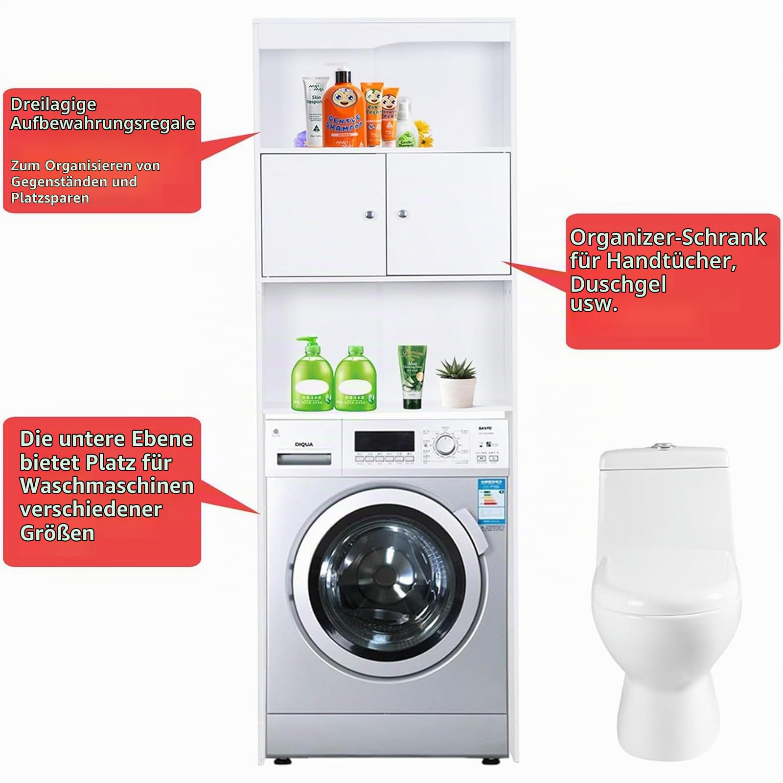 Ease Waschmaschinenschrank, Hochschrank, Toilettenregal mit Schrank, 2 offene Fächer, Verstellbare Ablagen, Badezimmerregal über Waschmaschine/Toilette 62,5 x 19,5 x 178CM