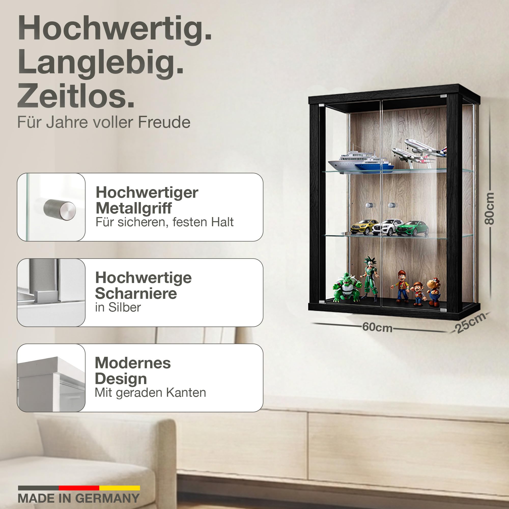 Hängevitrine Glas (80x60x25cm) - Made in Germany - Glasvitrine hängend mit 2 höhenverstellbaren Glasböden aus ESG in Schwarz/Sonoma Eiche - Schrank mit Glastüren - Wandvitrine