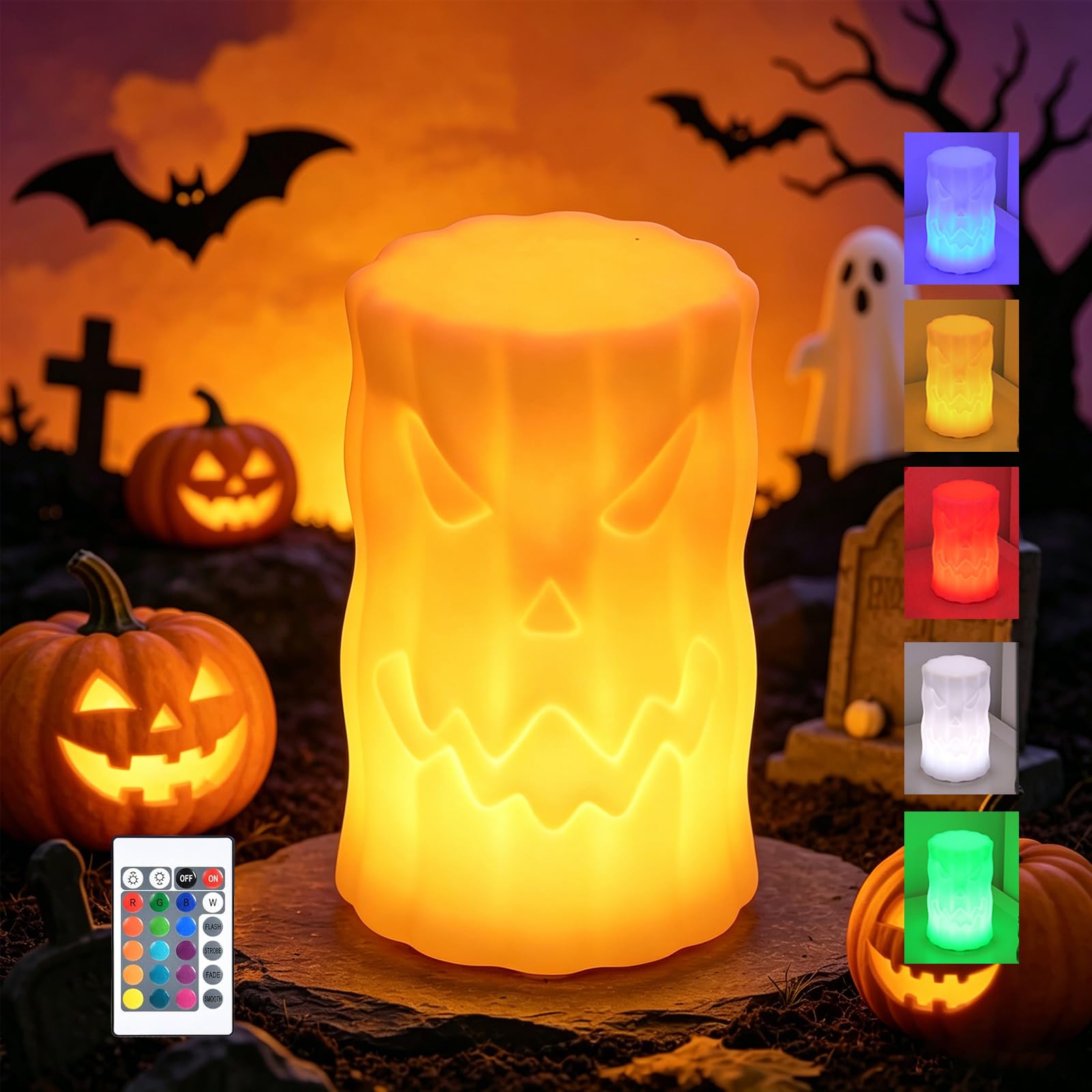 AVEKI WREWING Halloween Pumpkin Night Light, 16 Colors Changing LED Table Lamp with Remote, USB Rechargeable Spooky Face Column Light, Halloween Decorations for Bedroom, Party, Home