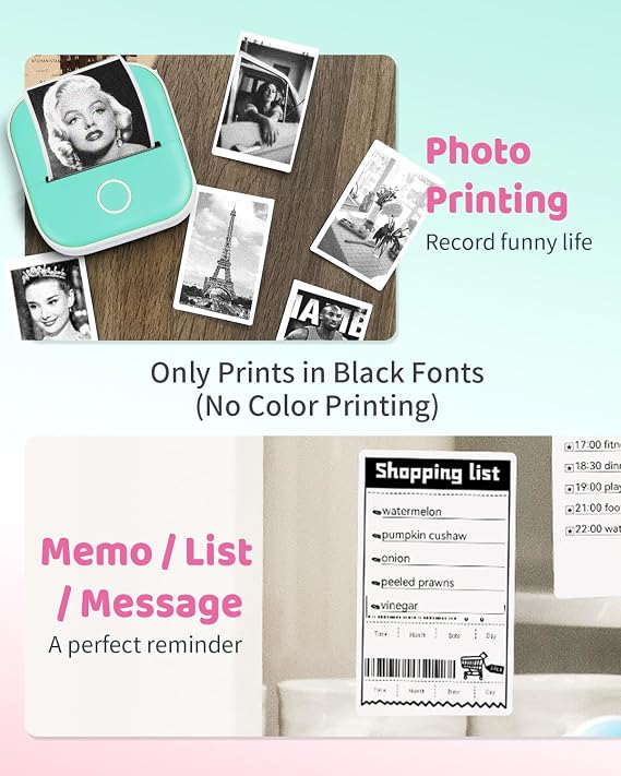 Ponek Sticker Printer Machine - T02 Portable Bluetooth Thermal Mini Printer, Receipt Printers for Phone, Mini Print Pods with 3 Rolls Thermal Paper for Journal, Memo, Picture