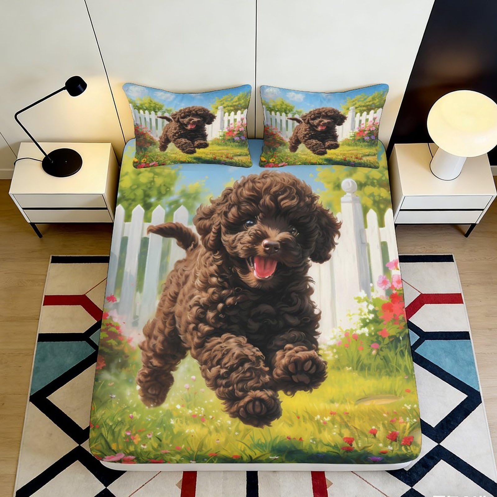 3D Printed Brown Poodle Fitted Sheet Microfiber Anti-Slip Dog Garden Bed Sheet for Bedroom Guest Room Decor 90x200x25cm
