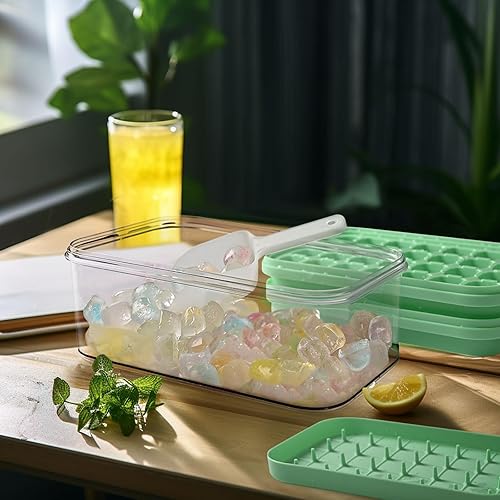 Miniatura 8 de Bandeja para cubitos de hielo con tapa y contenedor, paquete de 2 bandejas de hielo para congelador, 28 x 2 moldes para cubitos de hielo, molde para