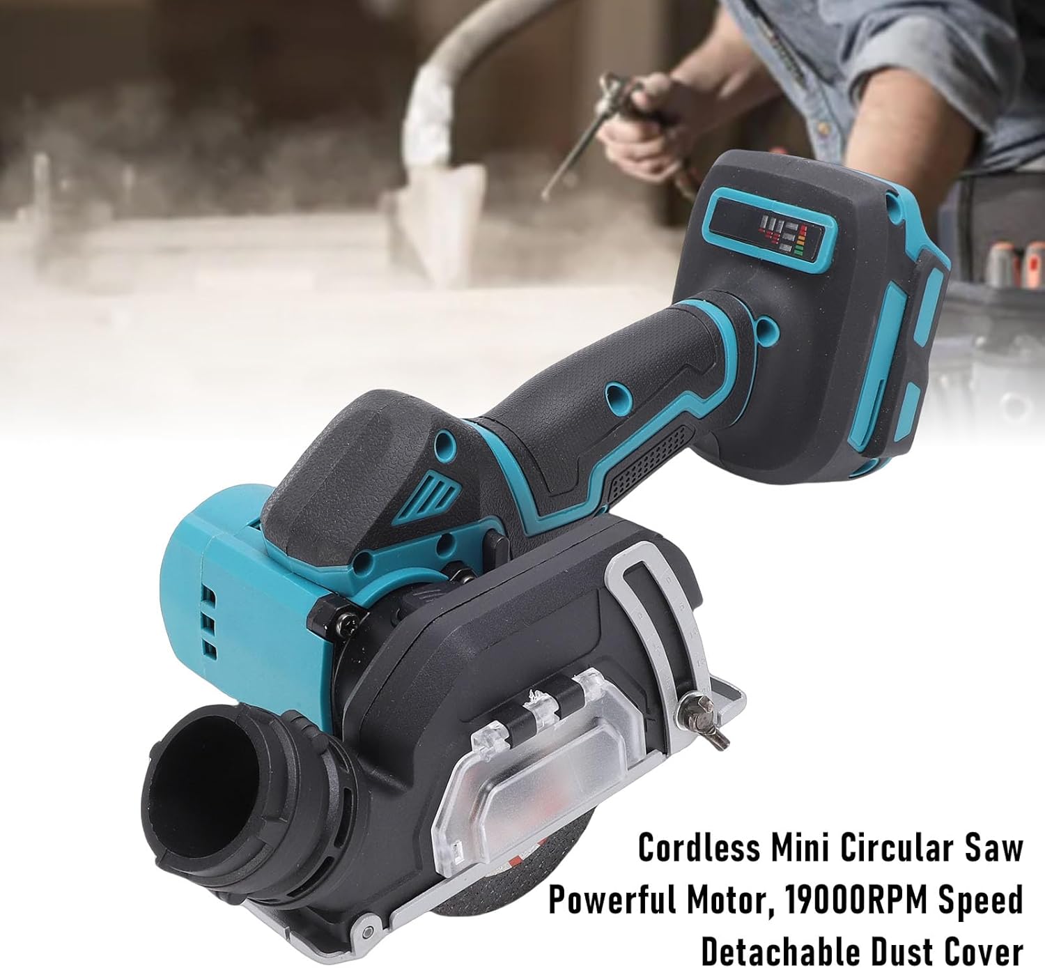 Mini circular saw, handheld, with a 3 inch blade and dust cover, suitable for wood, tile, plastic, and thin metal