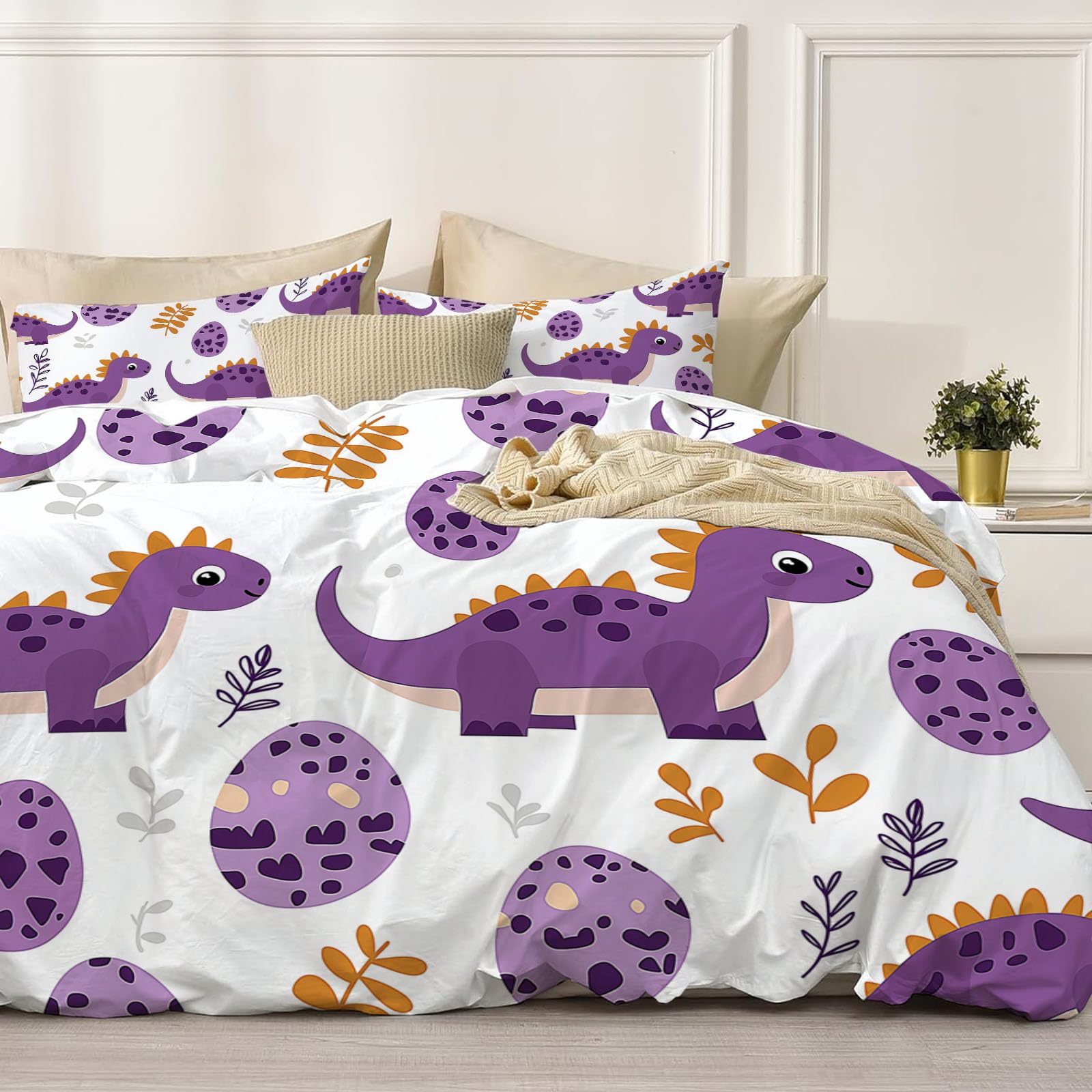 Housse de Couette Adorable Dinosaure Violet Anti-Plis en Microfibre