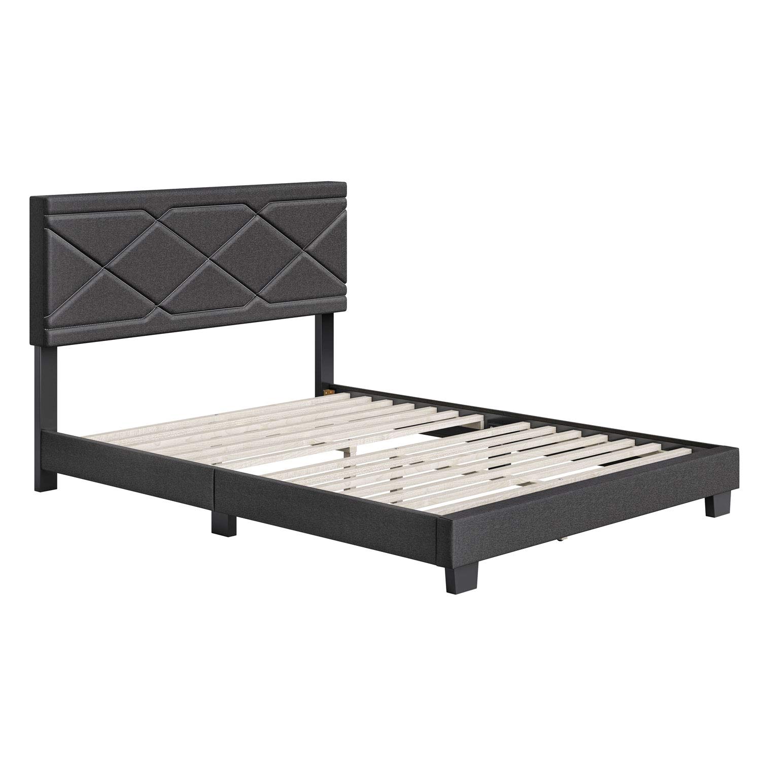 Boyd Sleep VMI1408CHEK Boullion Linen Upholstered King Size Platform Bed Frame with Decorative Design Headboard and Wood Slat Supports, Charcoal Grey