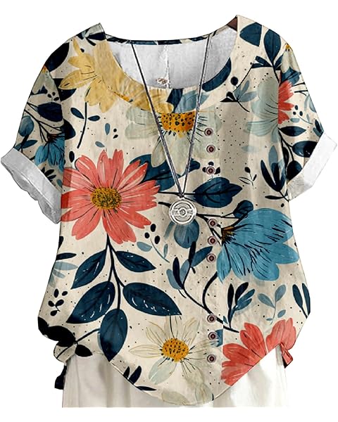 Women's Vintage Linen Tops Short Sleeve Boho Summer Graphic Tees Tunic Shirts Casua...