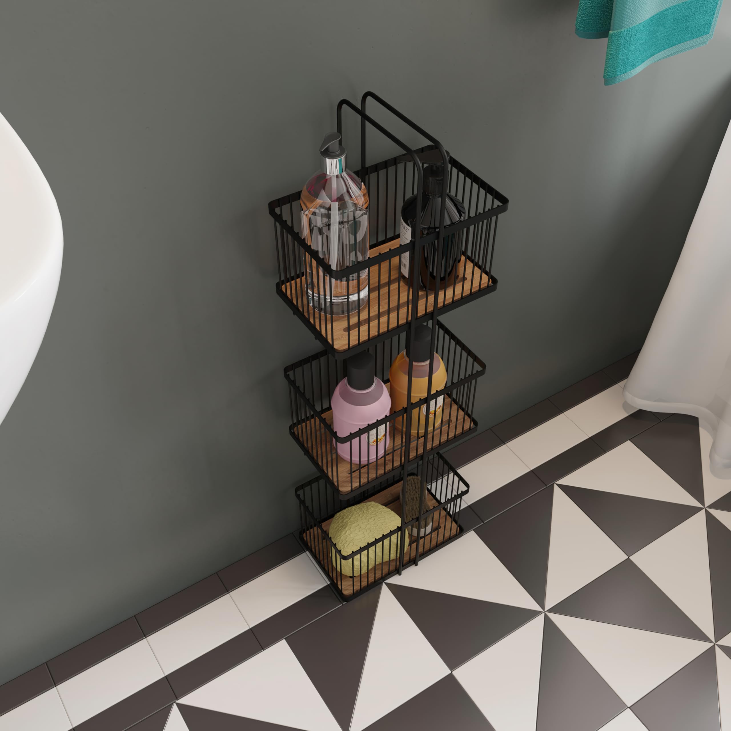 Croydex Organizador de almacenamiento de tres niveles, color negro y bambú, estantes de almacenamiento de baño independientes, cestas profundas, 22 pulgadas de profundidad x 15 pulgadas de ancho x 726 | Cesta de baño independiente | Cestas de alambre prof