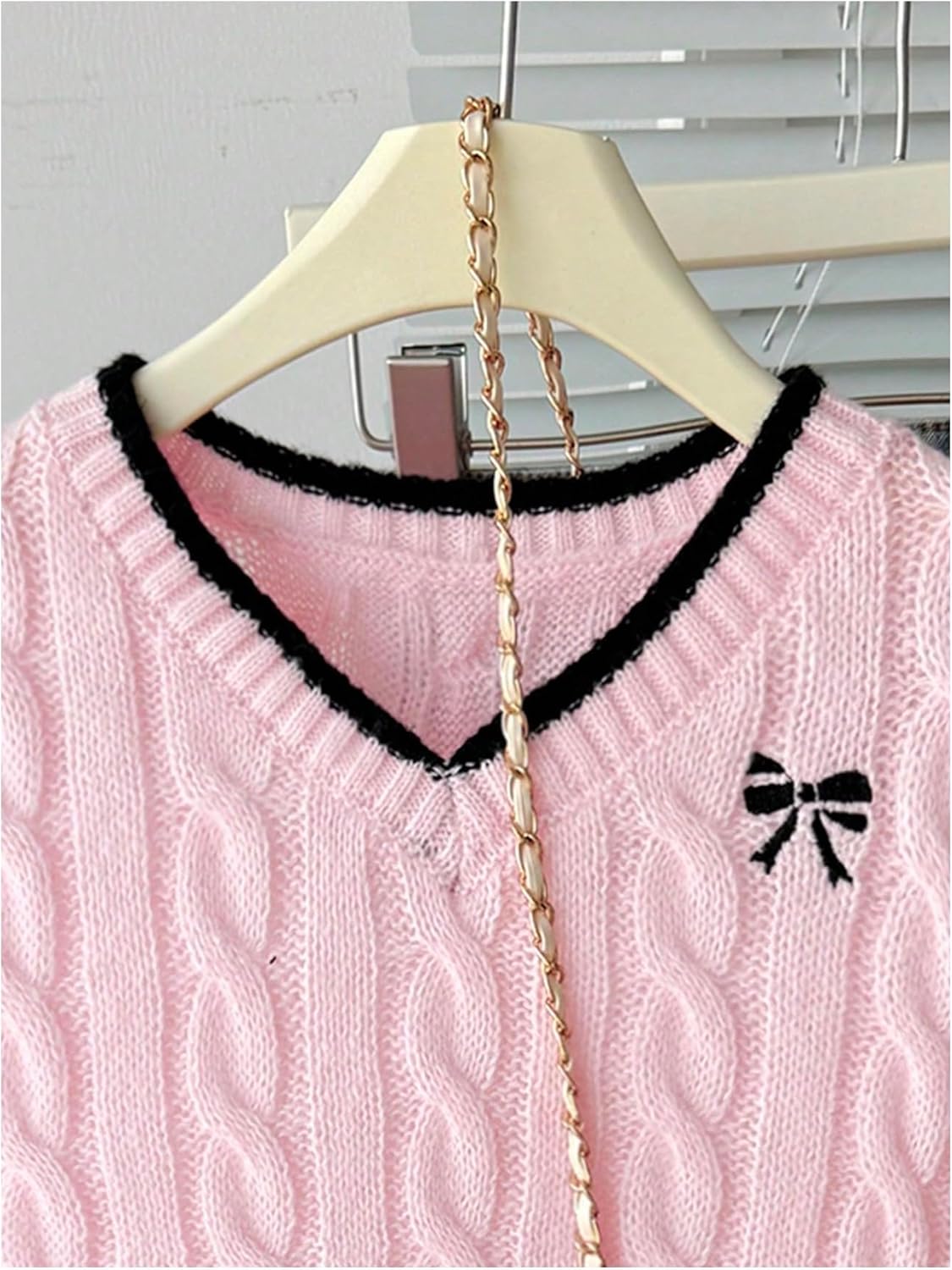 Girl's Bow Embroidery Cable Knit Cropped Sweaters V Neck Long Sleeve Preppy Pullover Jumper - Image 4