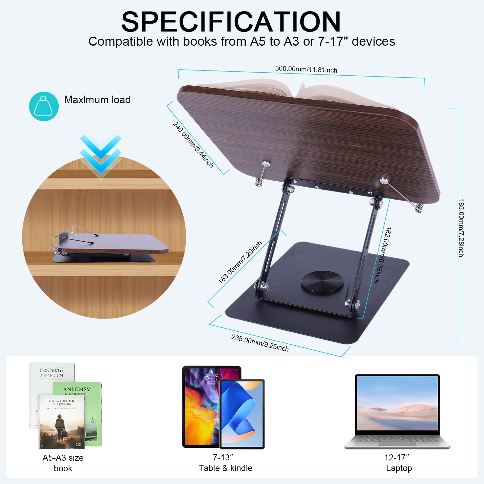 Buchständer Holz Mit 360° Drehbare Basis, Verstellbarer Buchhalter Leseständer Mit Klappbar Und Tragbar,Kochbuchhalter Mit Seitenclip, Leicht Für Büro, Küche, Schule, Lehrbuch, Zeitschrift, Tablet