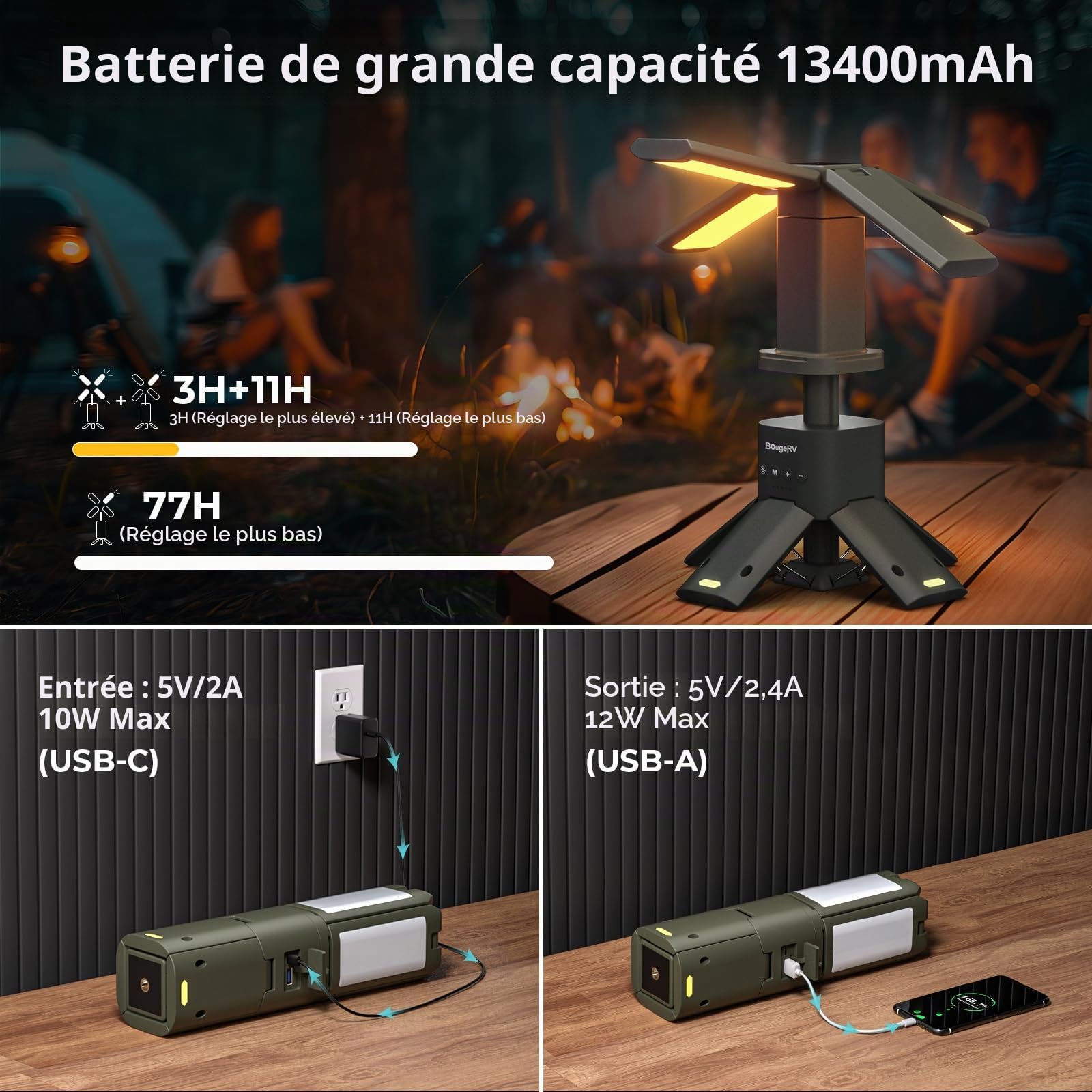 BougeRV Lampe camping avec 13400 mAh, lampe camping rechargeable, hauteur et angle réglables, lampe de camping avec 6000 lm, étanche IPX5, lanterne de camping pour camping, voyage, urgence