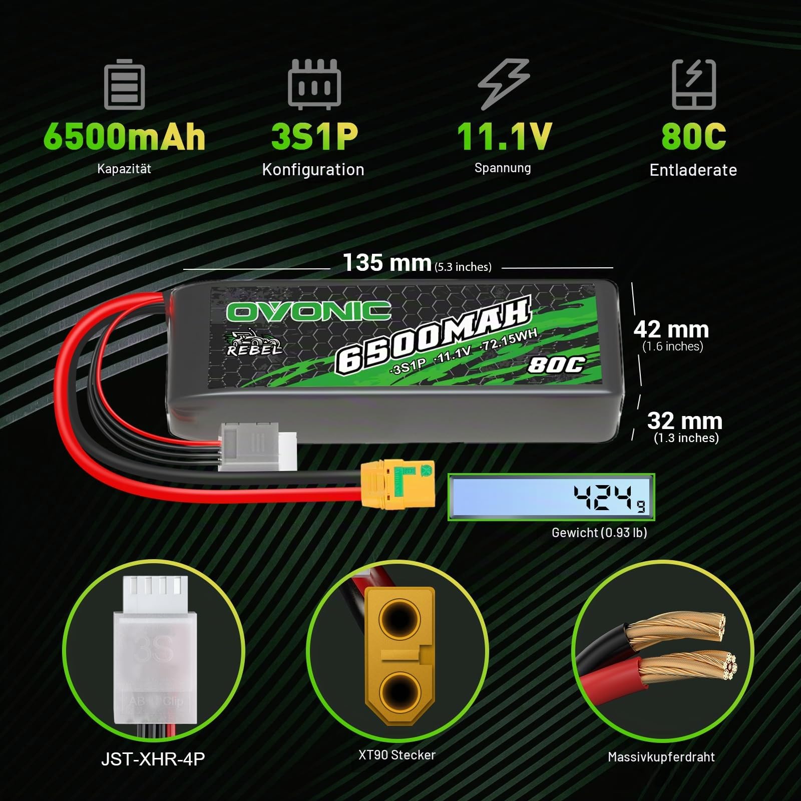 OVONIC 11.1V Lipo Akku 80C 6500mAh 3S RC Lipo Batterie mit XT90 Stecker für RC Car Monster Truck Crawler RC Hobby Hardcase