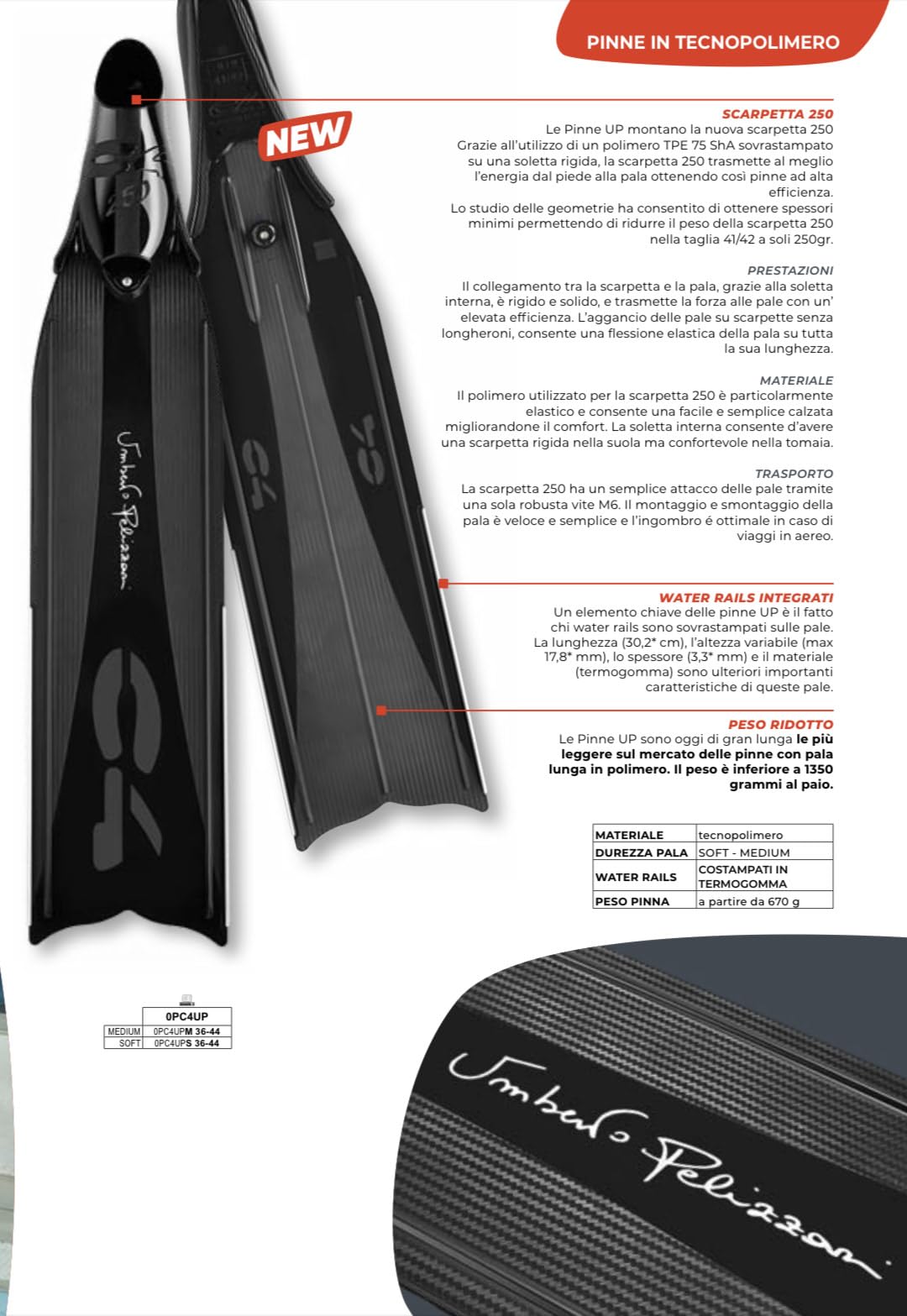 Pinne Umberto Pelizzari C4 – Pala Soft e Pala Medium in Tecnopolimero con Scarpetta 250 Apnea Pesca Subacquea