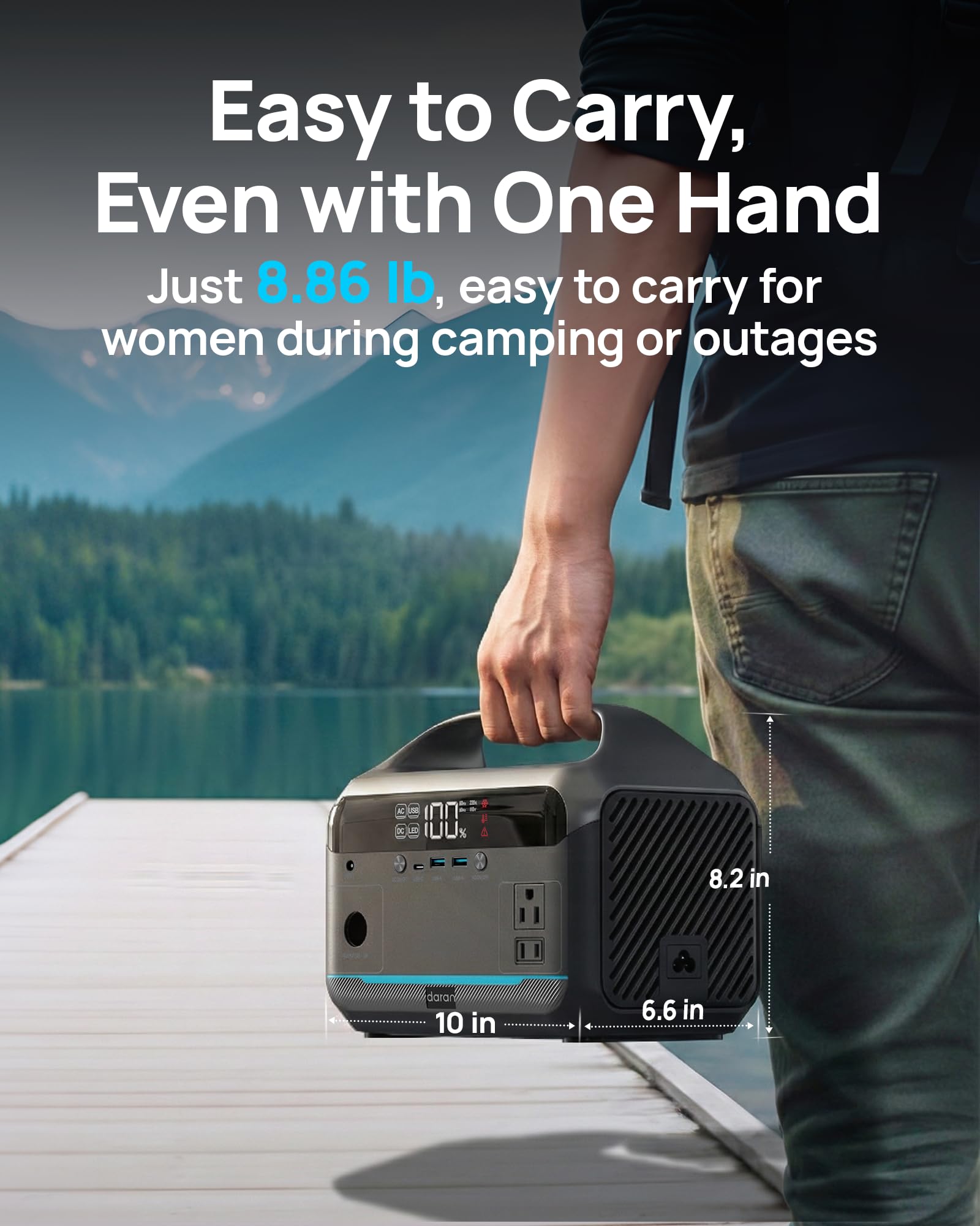 Station d'alimentation portable 600 W, 299 Wh LiFePO4 batterie de secours avec 2 sorties CA de 600 W (crête de 1200 W) à charge rapide de 1,3 heure, générateur solaire pour camping en plein air