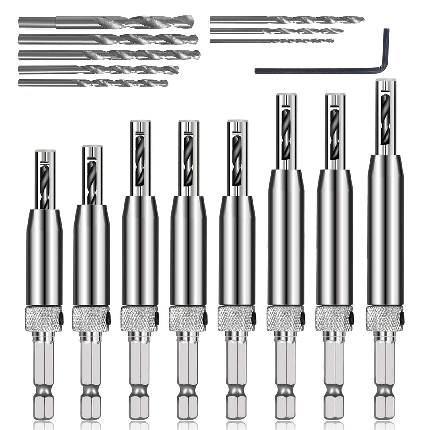17pcs VIX Bits Self Centering Drill Bit Set, 1/4" Hex Shank Self Centering Hinge Tapper Core Drill Bit for Woodworking Window Door Hinge with 1 Hex Key & 8 Drill Bits 5/64-1/4"