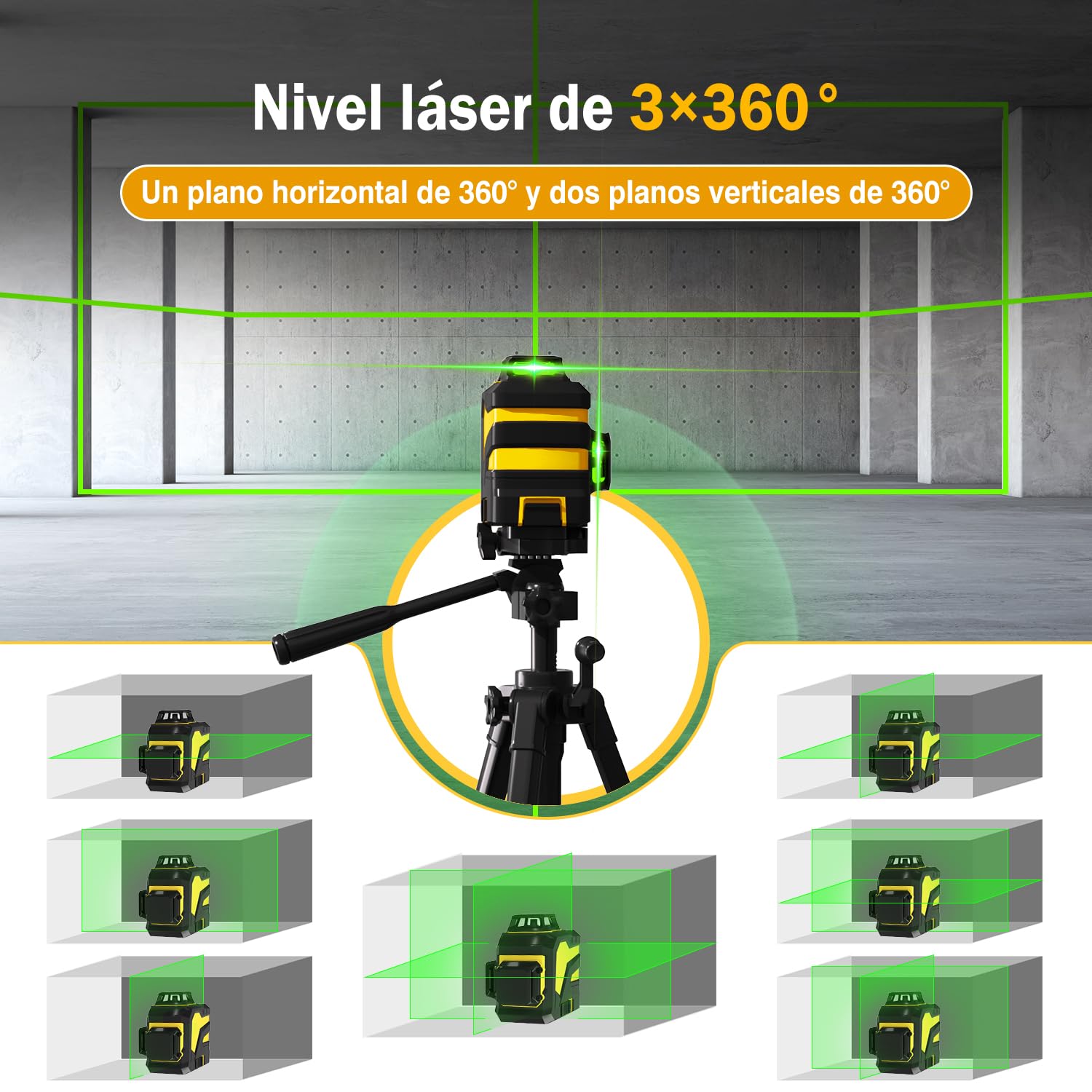 Nivel Laser verde 3x360 °,Láser profesional 3D autonivelante,Batería de Litio Recargable,Autonivelante Cruzado,Autonivelación y Modo de Pulso al Aire Libre
