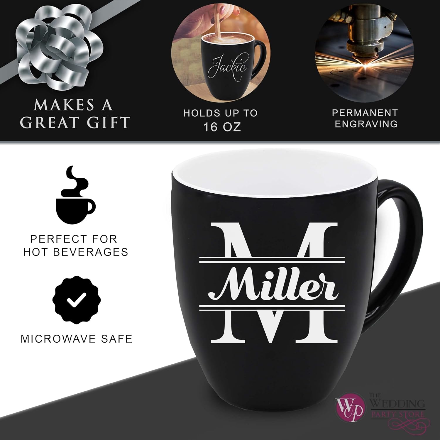 Custom Engraved Coffee Latte Mug - Personalized Coffee Cup (Black)