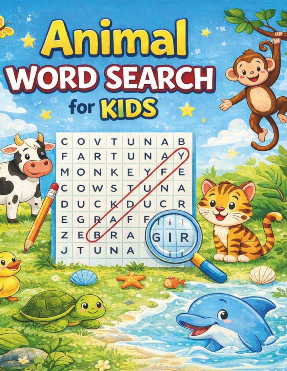 Animal Word Search for Kids. Fun and Easy Puzzles with Farm, Wild, Sea, and Jungle Animals Ages 4–8: Big Print • Easy to Read • 50 Word Search Puzzles Perfect Activity Book for Learning and Fun