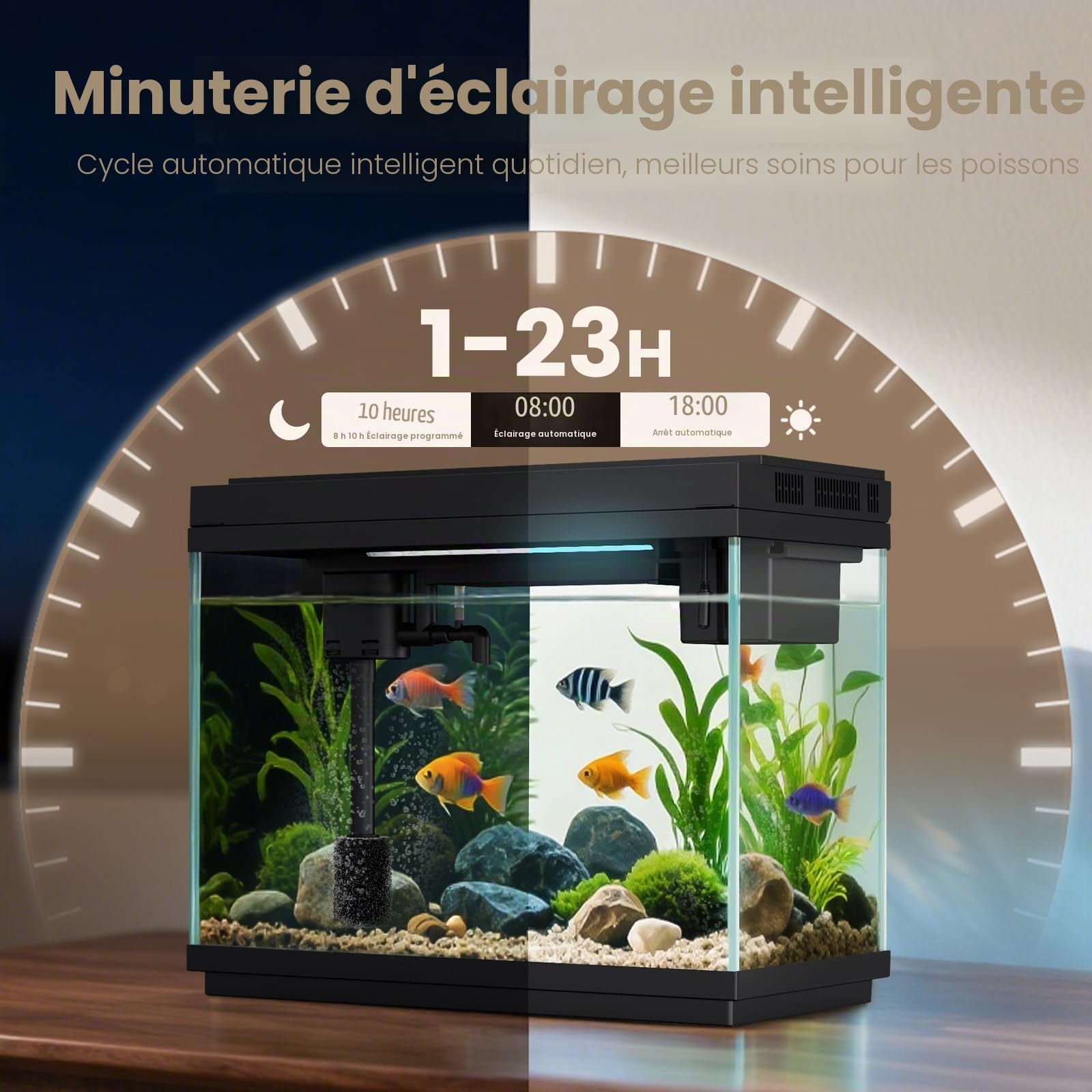 fishkeeper Nano aquarium set complet, mini aquarium de 9 l de démarrage avec LED, pompe et filtre autonettoyants 4-en-1 pour aquariums intelligents, petit set d'aquarium complet avec aromathérapie