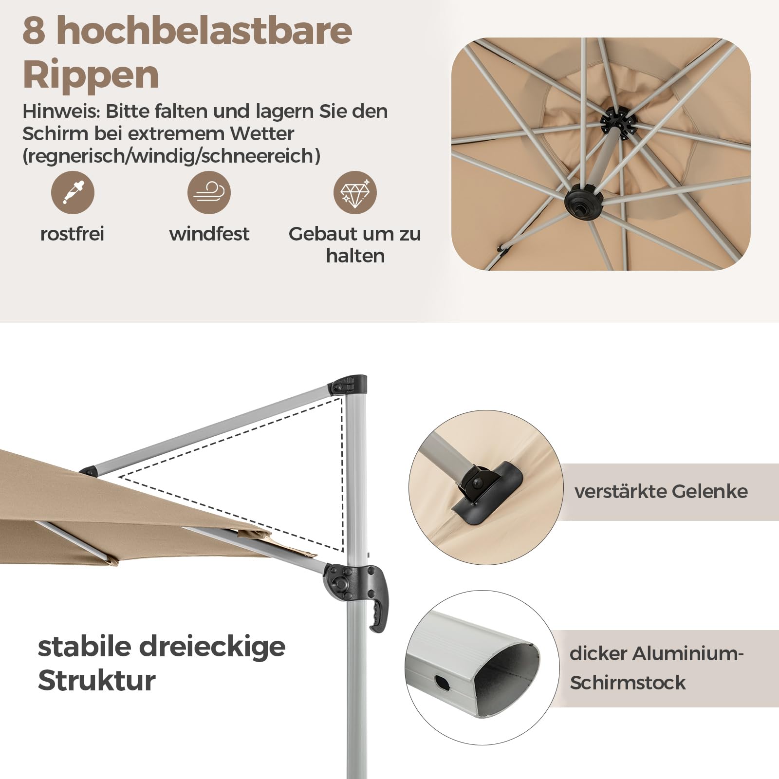COSTWAY Parasol przeciwsłoneczny Ø 330 cm, z korbą, obracany o 360°, regulowany kąt nachylenia, UPF 50+, parasol ogrodowy, parasol tarasowy, do ogrodu, na taras, balkon, beżowy, 330 cm