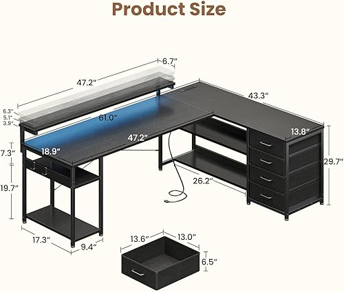 Miniatura 26 de AODK Escritorio en forma de L de 53 pulgadas con cajón, escritorio para computadora con tomas de corriente y luces LED, escritorio de esquina Negro