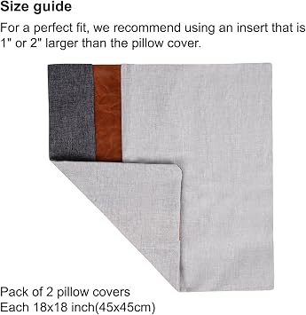 cygnus Set of 2 Decorative Throw Pillow Covers 18x18 Inch Dark Gray and Light Gray Linen Pillowcase with Faux Leather Contract Modern Farmhouse Decor Cushion Covers for Sofa Bed Living Room