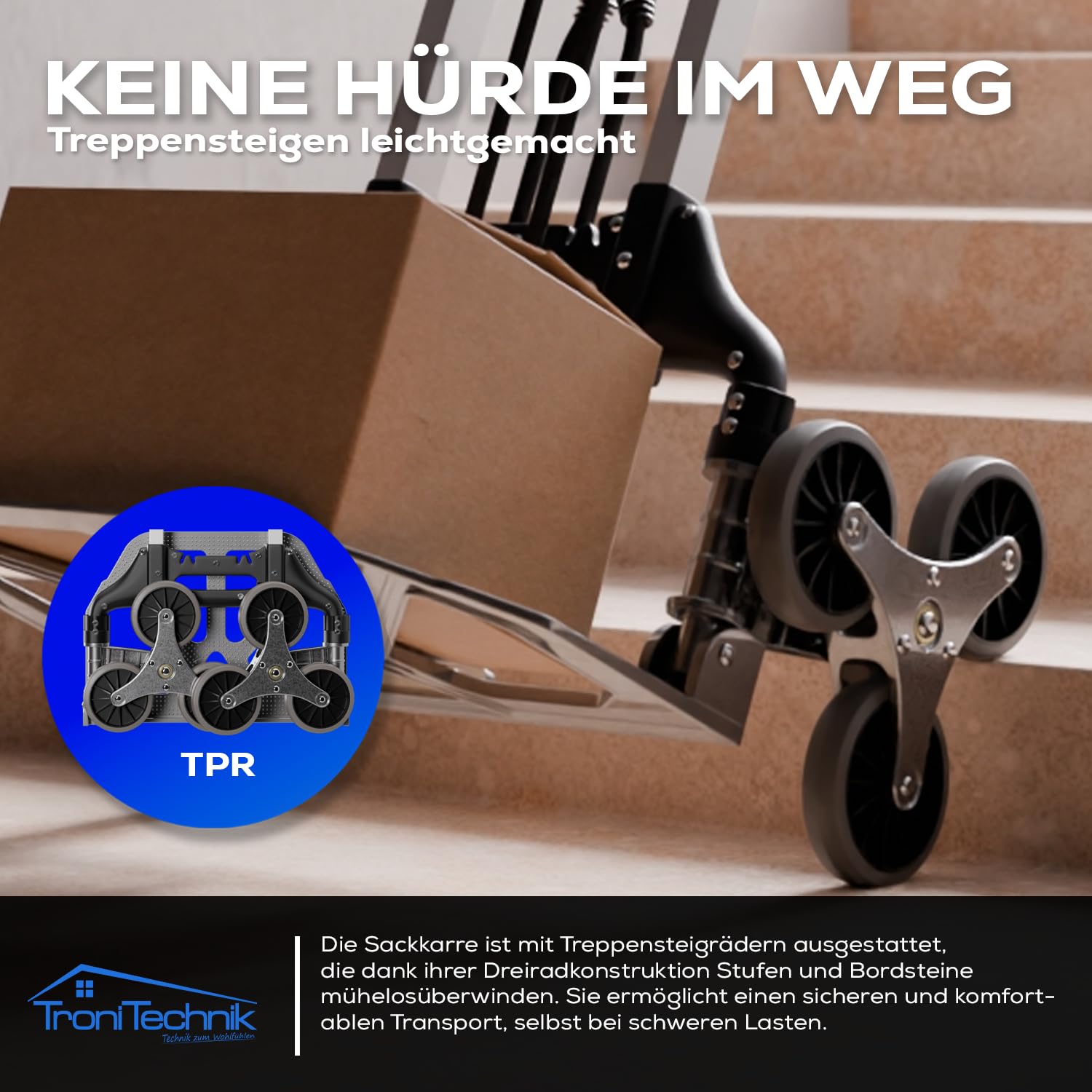 Tronitechnik® Sackkarre Handkarre klappbar für Treppen, Transportkarre bis 75kg - Karre für Pakete, Transportwagen für Pakete, Gepäck und Einkauf - Vollgummireifen, höhenverstellbar