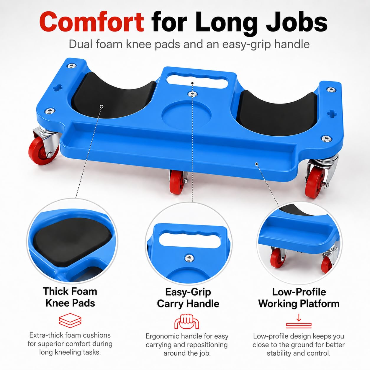 Genouillères roulantes, genouillères avec 3 roulettes et coussin en gel confortable, rotation à 360 degrés, avec roulettes pour le travail, le chantier, genouillères coulissantes flexibles avec