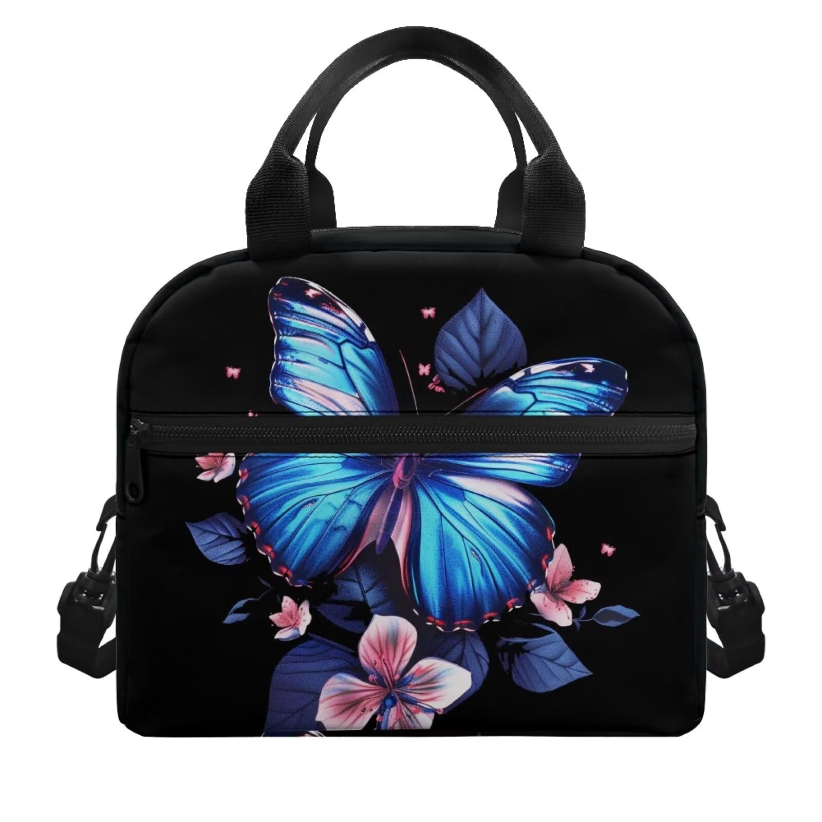ZOUTAIRONG Blue Butterfly Lunch Bag Kids Lunch Box Lunch Tote for Kids 5-7/8-9 Years Old Reusable Lunch Box Container with Front Pocket and Shoulder