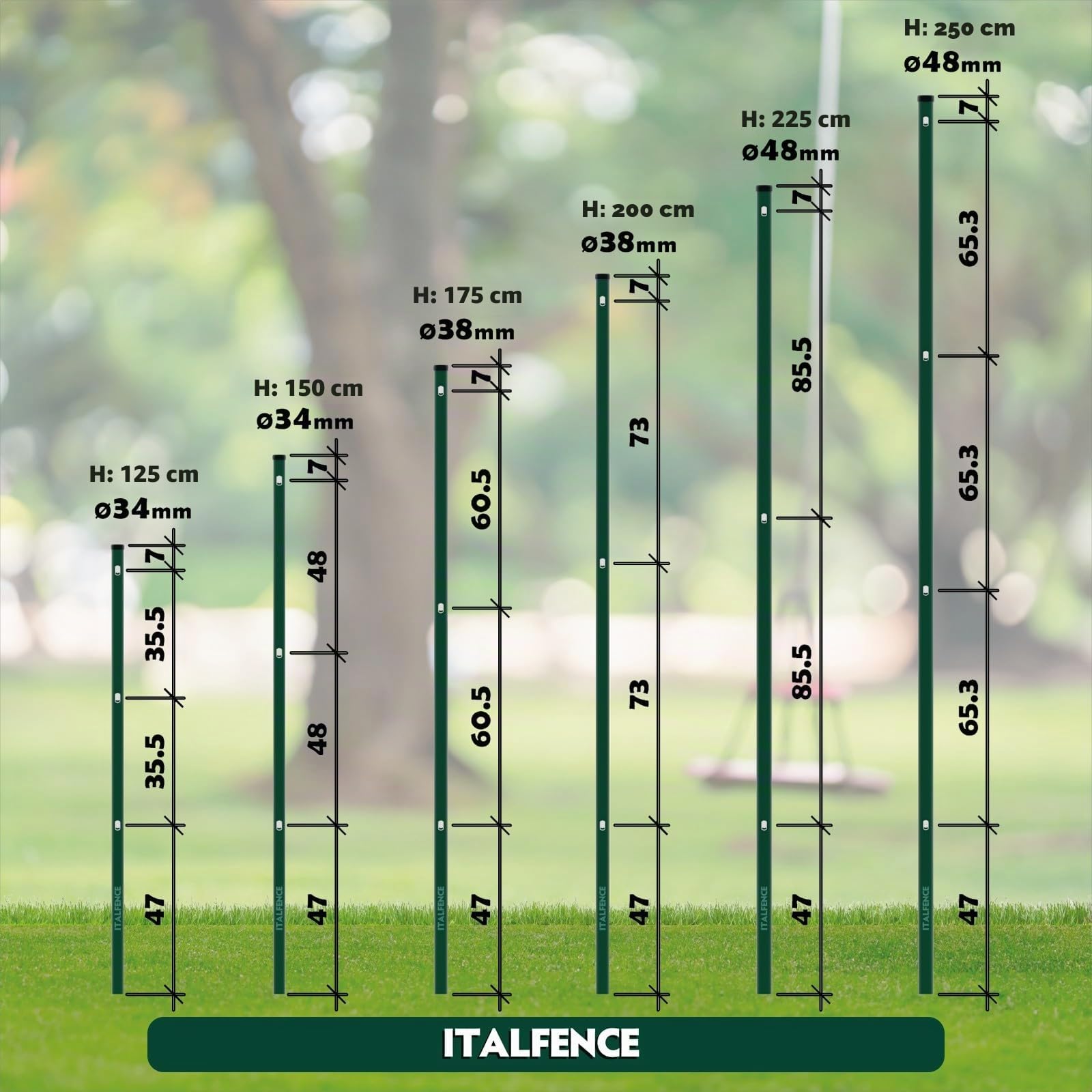 Zaunpfosten 10er-Set grün pulverbeschichtet aus Stahl [H200cm, Ø38mm]