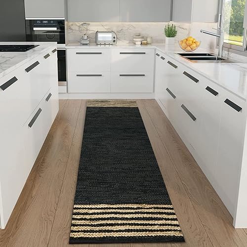 Miniatura 4 de GRUHUM Alfombra de pasillo de yute 2'6" x 8' pies, fibra natural, negra, rectangular, de yute, cuero, tejida a mano, estilo bohemio, para casa