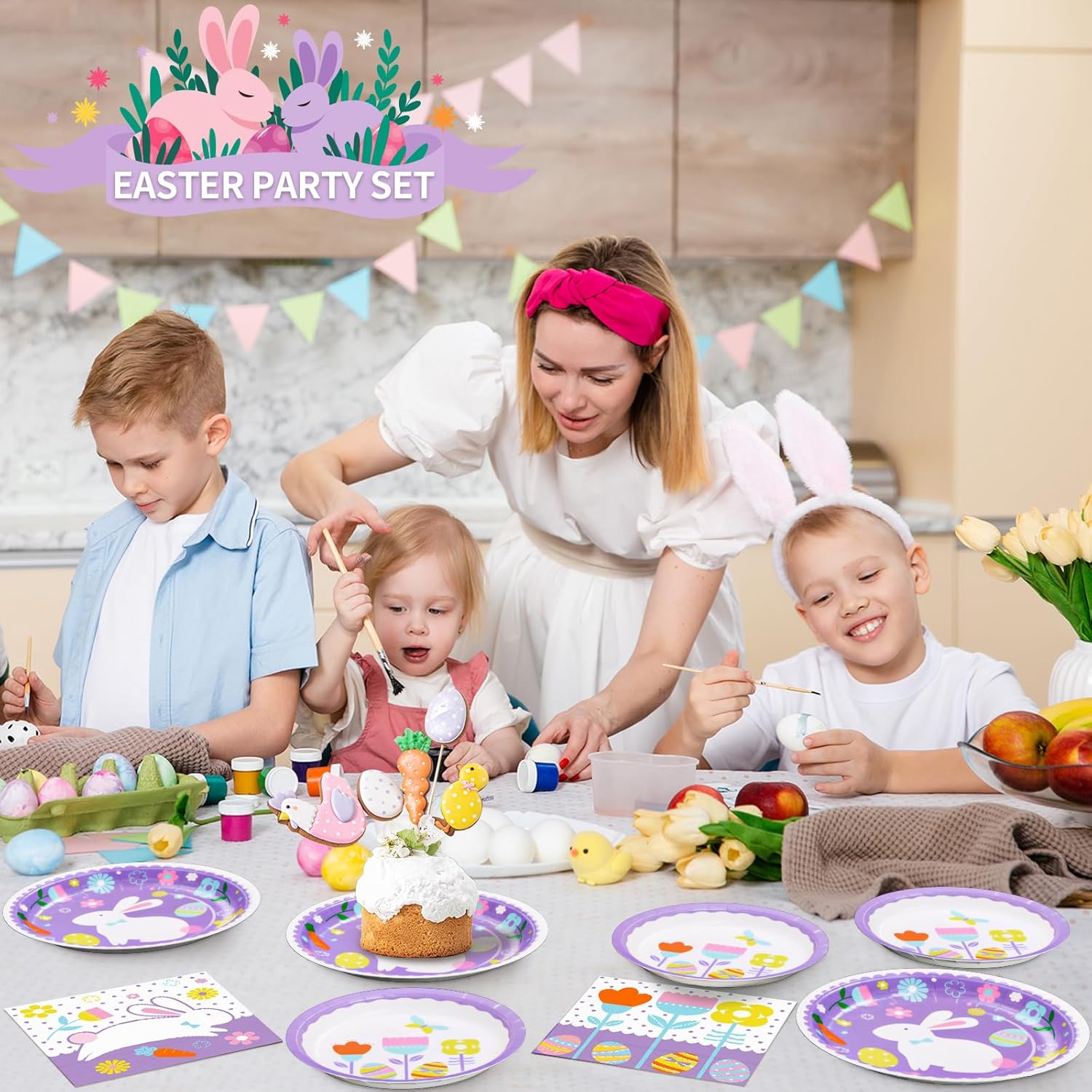 DYLIVeS Happy Easter Party Supplies 150 Count, Easter Bunny Disposable Tableware Set 9" Paper Plates 7" Dessert Plates and 3 Ply Luncheon Napkins for Hip Hop Easter Party Decorations, Serve 50