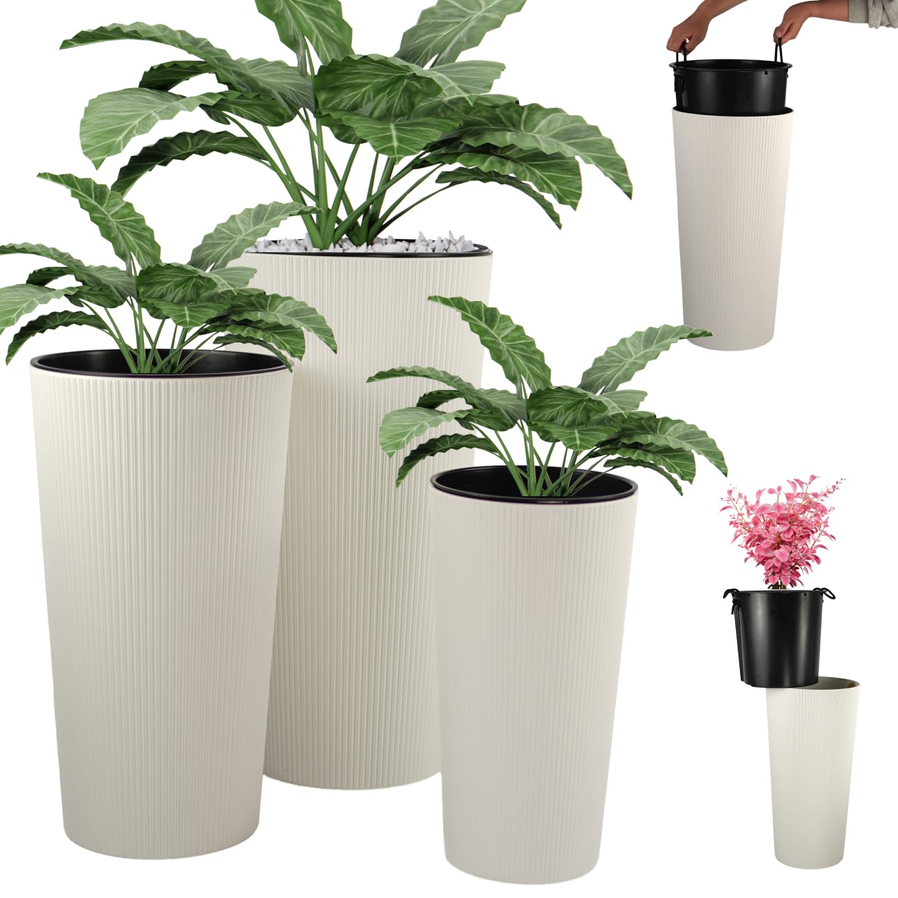 Blumentopf Set 3 Größen 37/47/57 cm Beige | Mit Pflanzeinsatz, Recyclingkunststoff, mattes Finish, für Innen und Außen, modernes Design