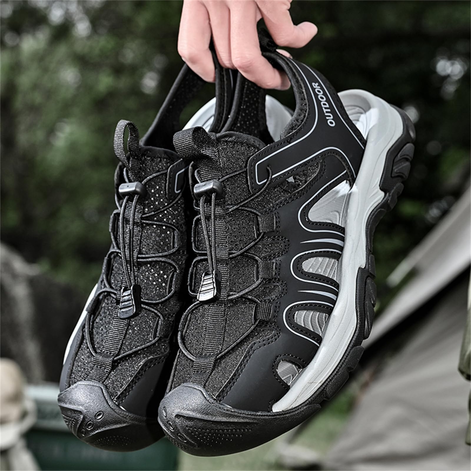 Męskie sportowe sandały na zewnątrz buty plażowe z zamkniętymi palcami oddychające do wędrówek turystycznych wody swobodne,Black,40 EU