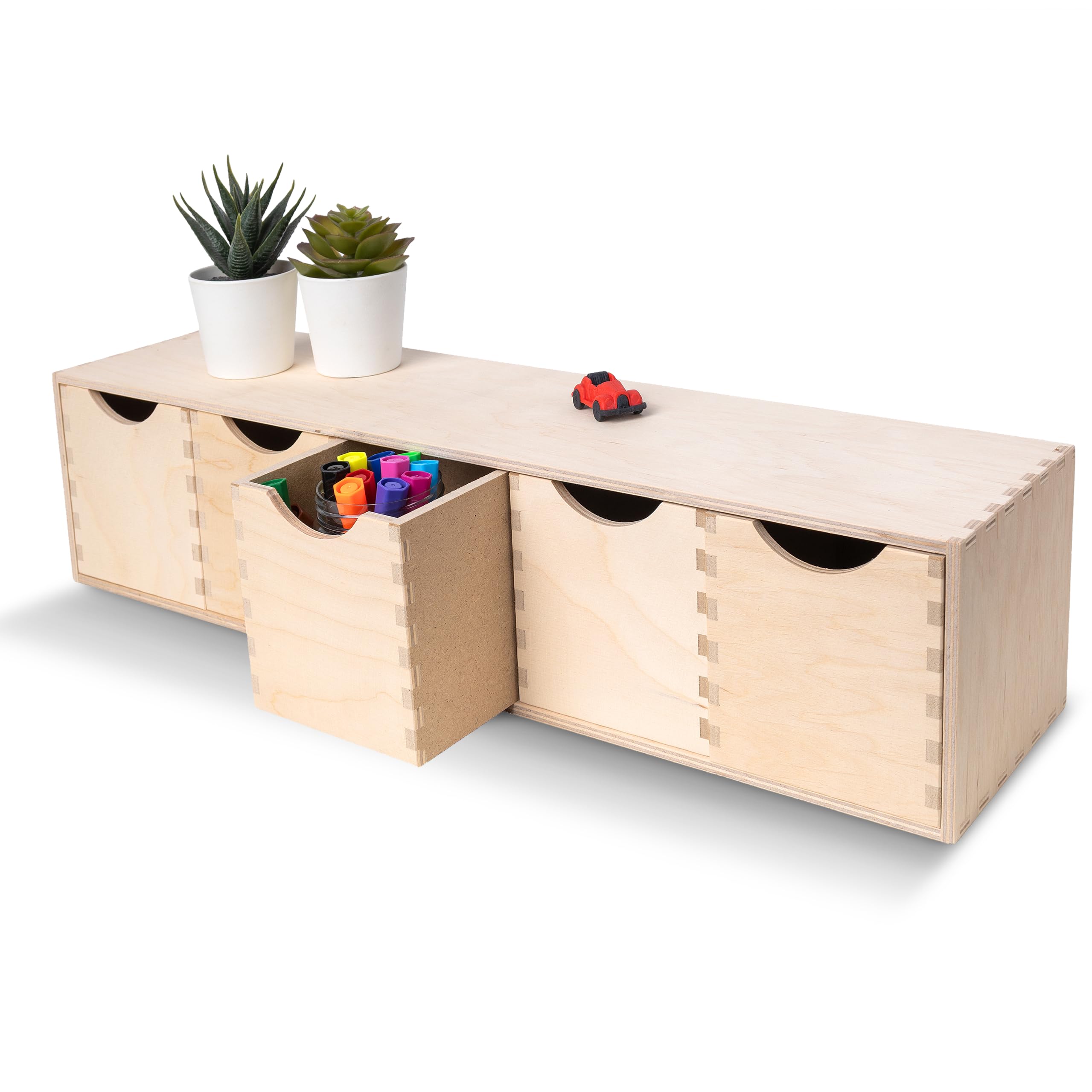 Creative Deco Mini Wooden Chest of Drawers | 57x13x13cm | 5 Compartments | Desk Organiser for Paper Work Documents | Plain Stationary Organiser for Office Accessories | Large Storage Box with Drawer