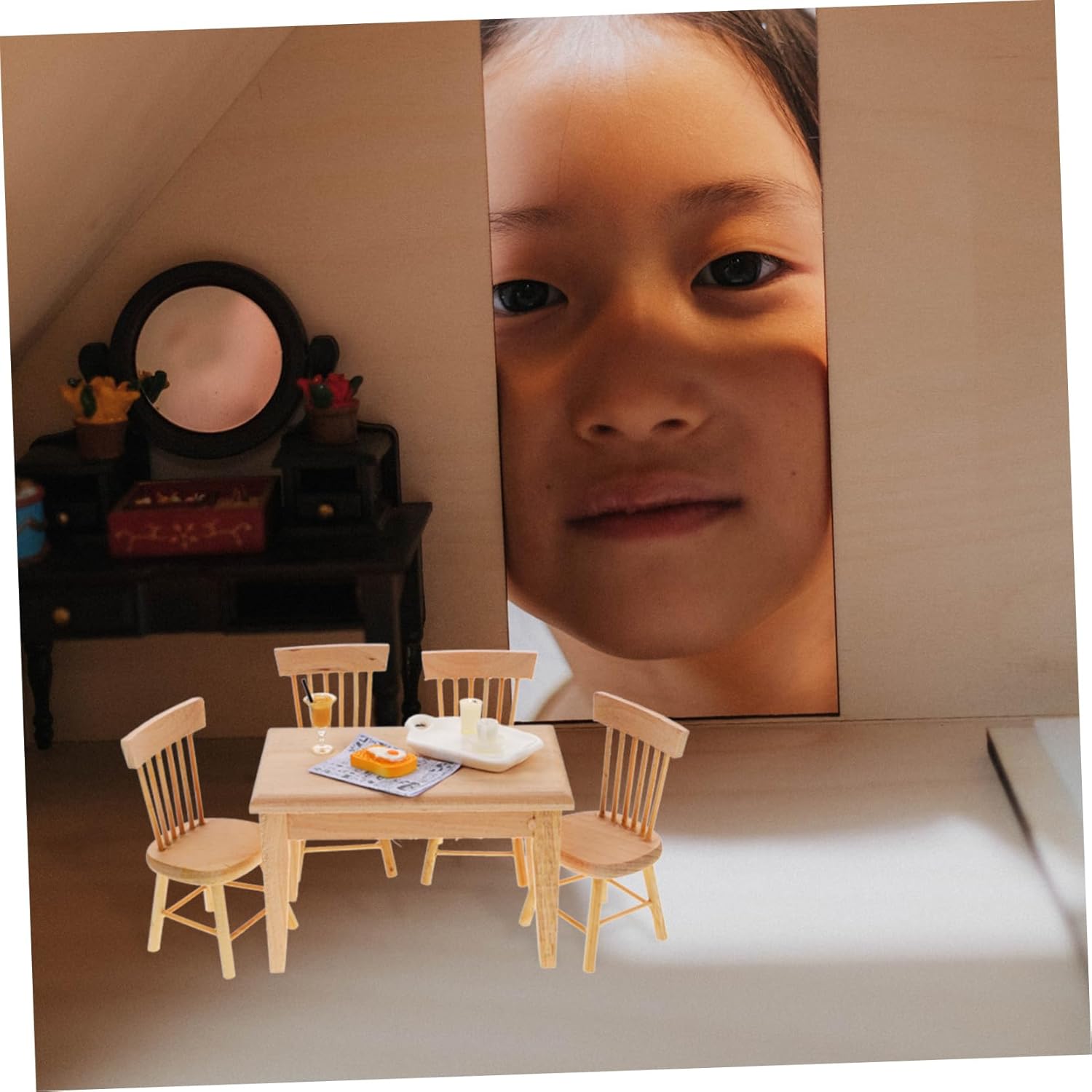 1set Doll House Miniature Chairs and Dining Table Food Props for Kitchen Scene Decoration for Playtime and Photography