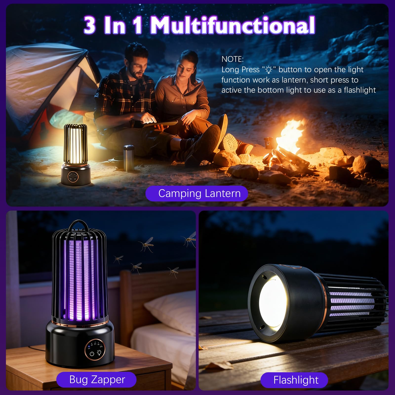 Insektenvernichter Elektrisch, 3-In-1 1200mAh Mückenlampe Mückenfalle Akku mit LED-Licht, 3600V Fliegenfalle Elektrisch Insektenfalle Moskito Killer mit 4-Timer für Innen Außen Camping Haus Garten