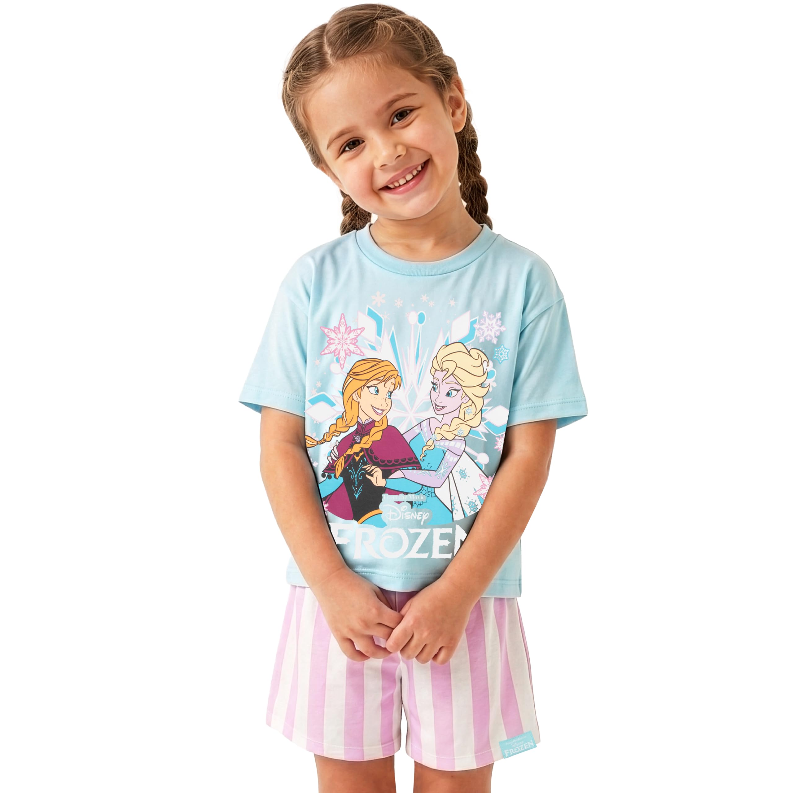 Disney Frozen Pyjama avec Anna Et Elsa, Pyjama Coton Enfant Fille Été avec Short Rayé