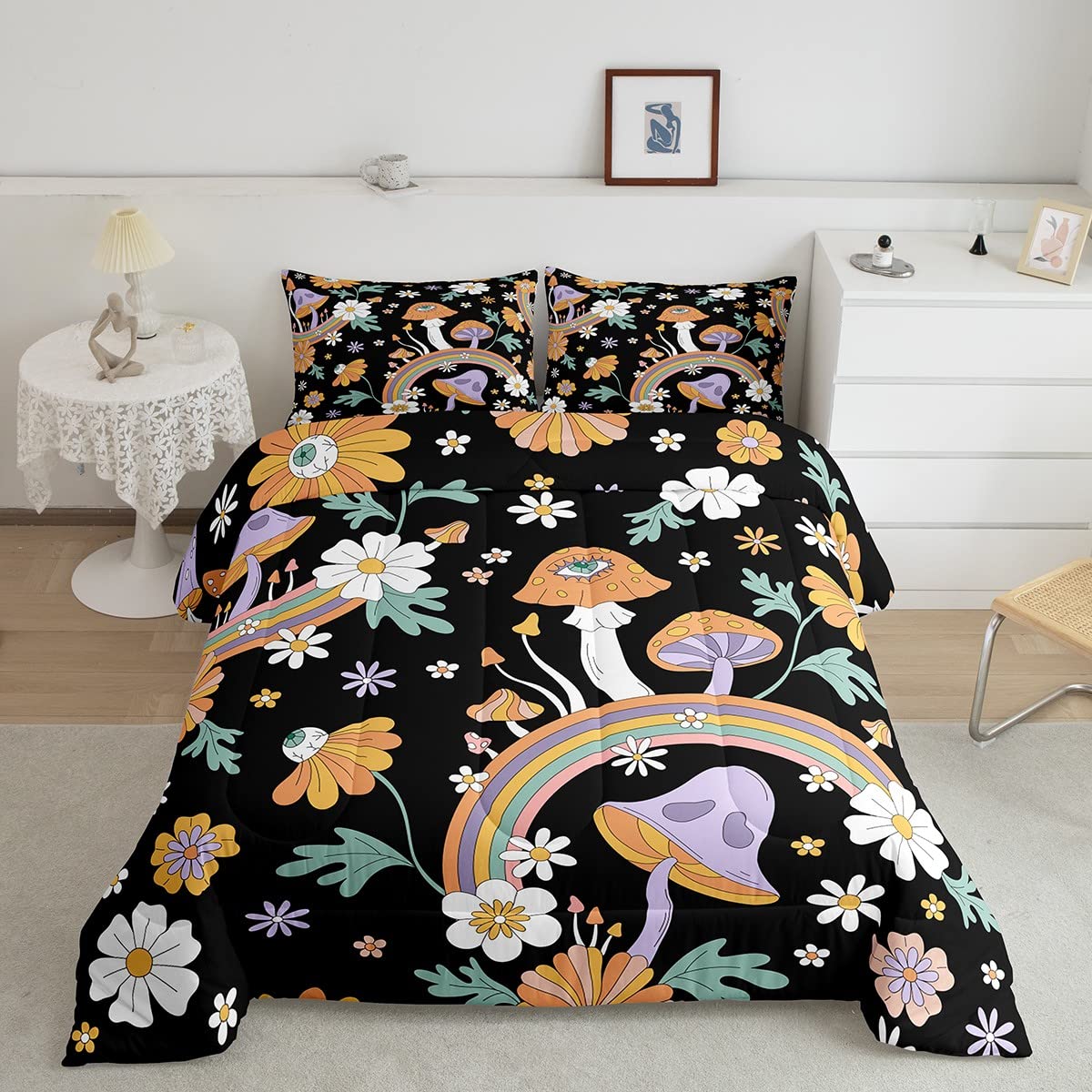 Erosebridal Trippy Mushroom Twin Comforter Groovy Floral Bedding Sets & Collections Cute Rainbow Bedding Two Groovy Party Boho Hippie Mushroom Down Comforter Retro Party Decorations Duvet Set