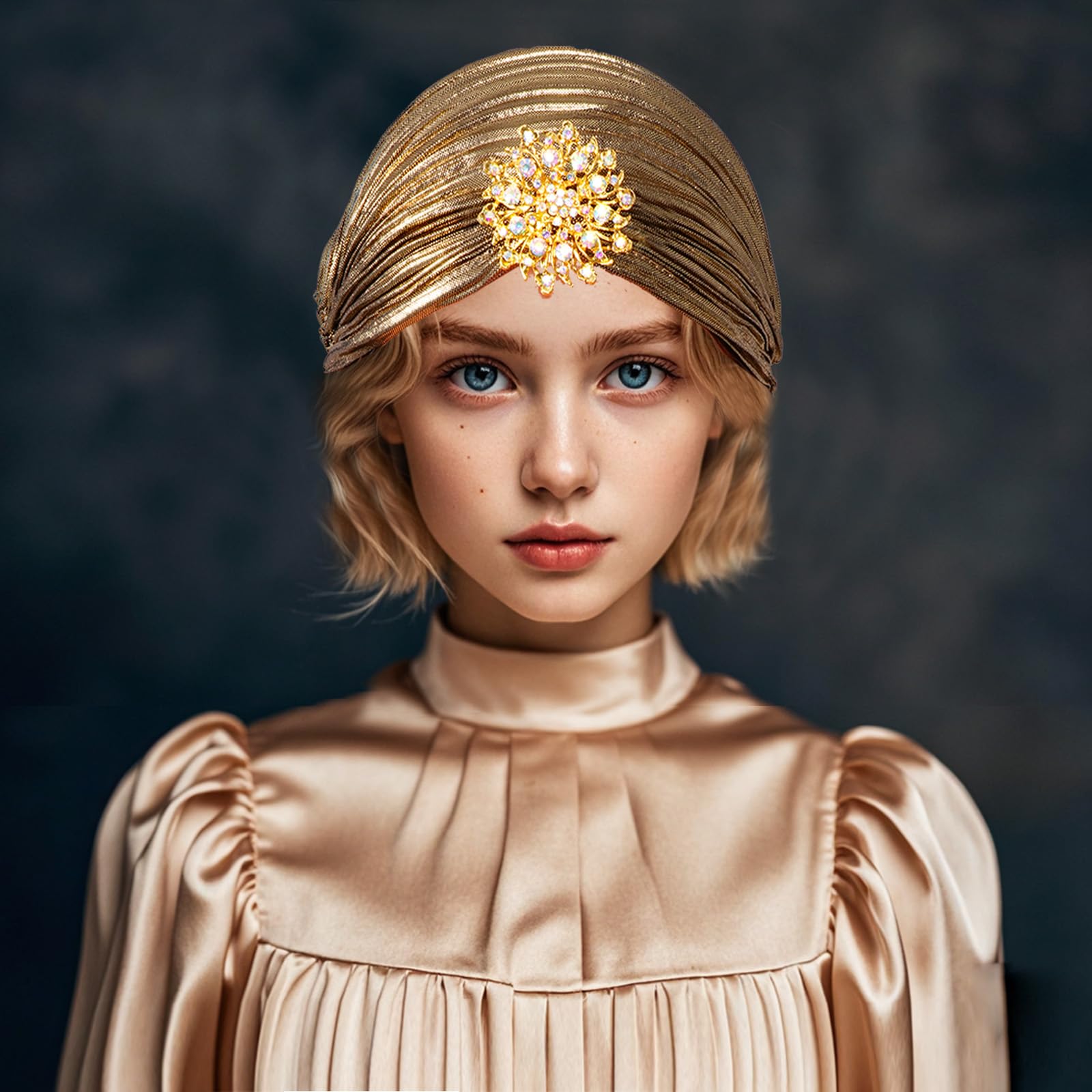 Turban damski kapelusz ze zdejmowaną broszką kryształową broszka w stylu lat 20. XX wieku, styl vintage, turban, elastyczna opaska na głowę, akcesoria do kostiumu Gatsby