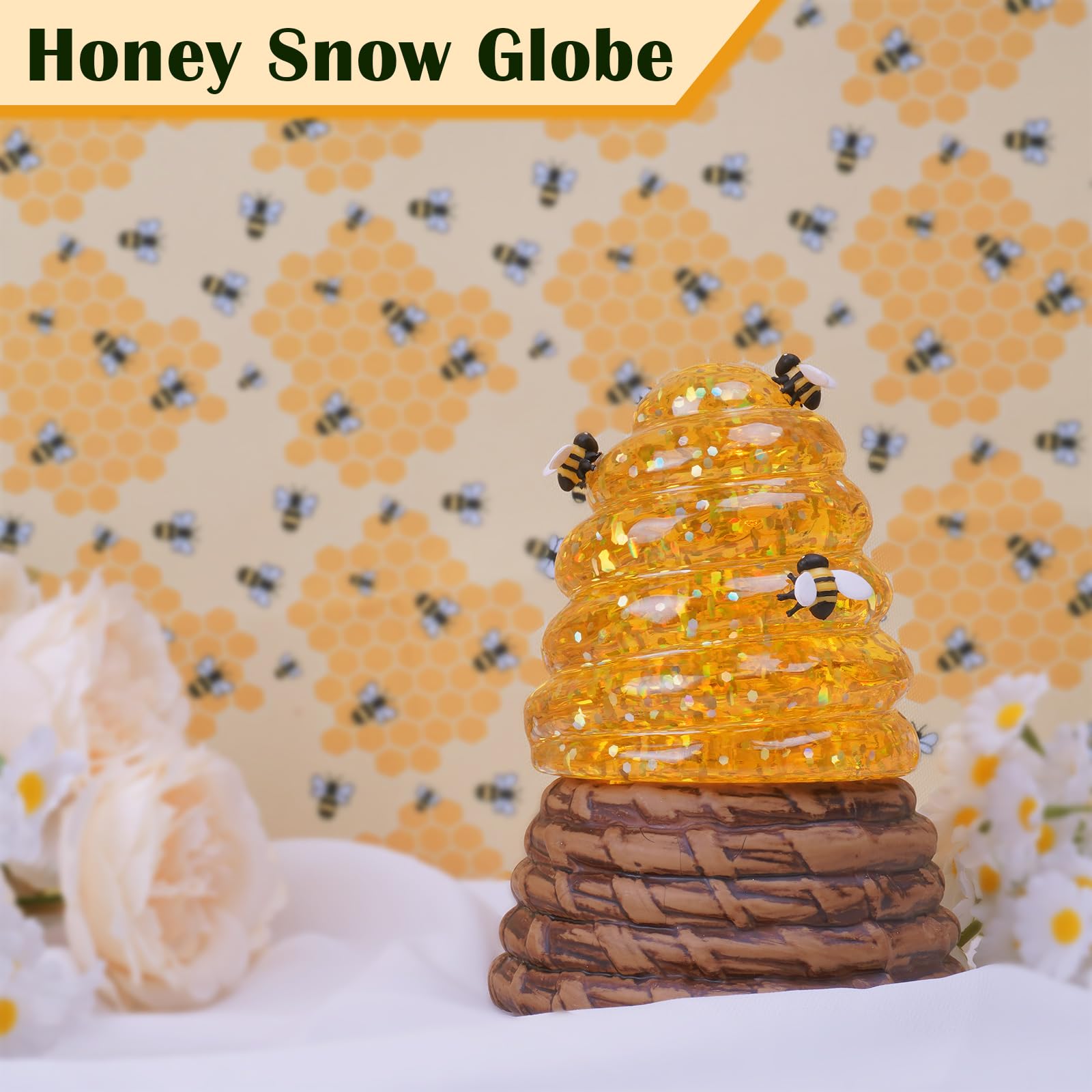 Boule à neige en miel avec minuterie de 6 h, boules à neige à paillettes tourbillonnantes pour printemps et été, fonctionne avec USB/piles, pour la journée mondiale des abeilles, le printemps, les